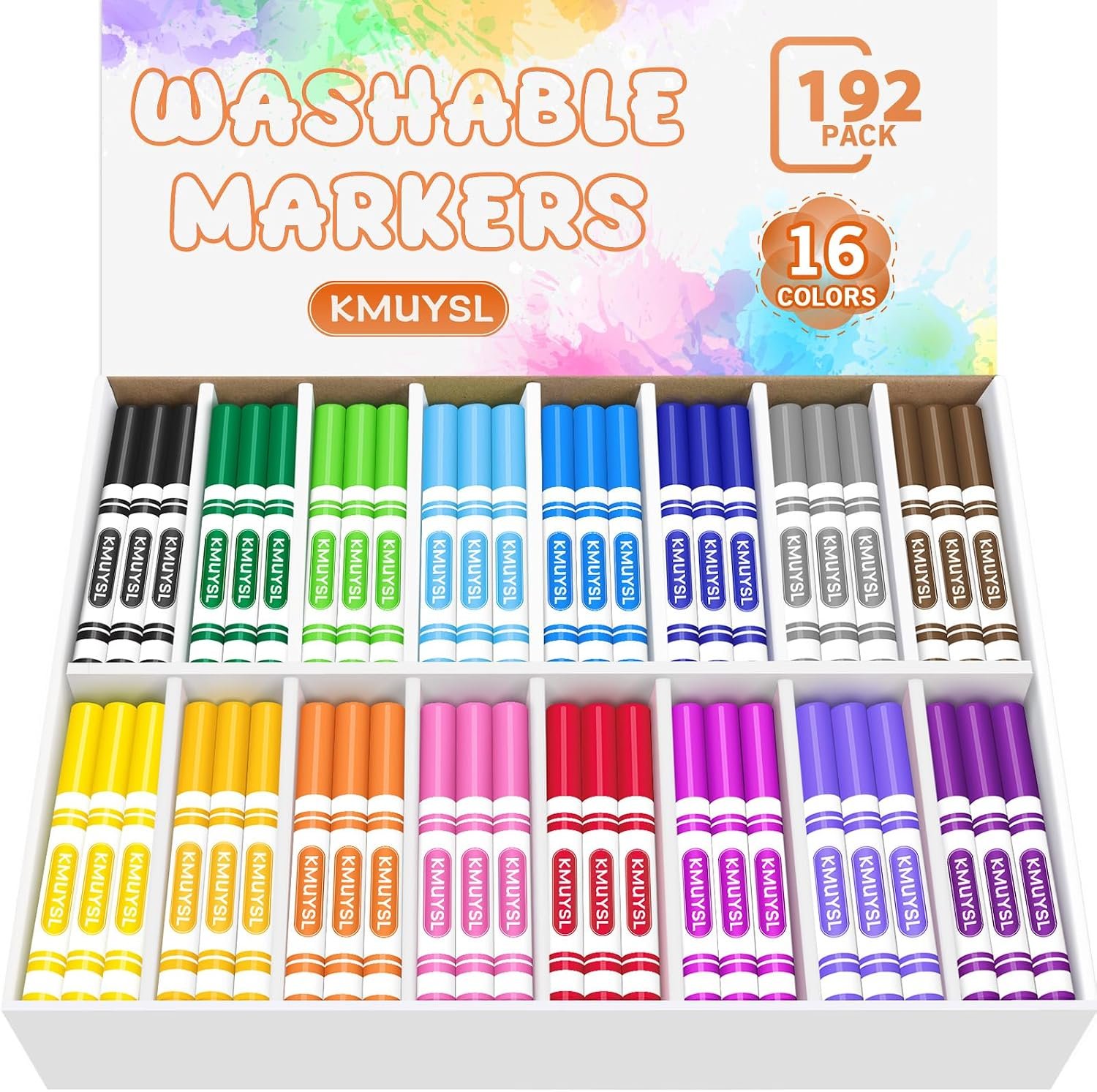 KMUYSL Washable Markers Bulk, 16 Assorted Colors, 192 Count | Broad Line Conical Tip Coloring Markers, School Art Supplies, Back to School Essentials & Teacher Classroom Must Haves