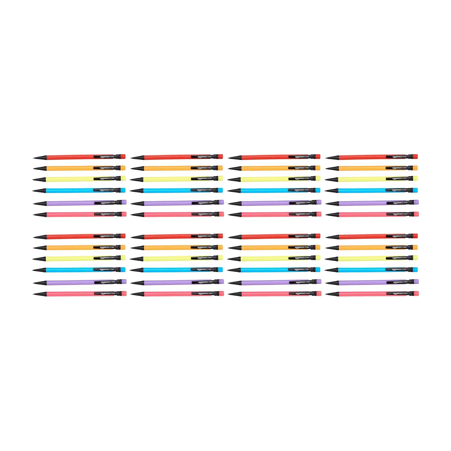 Amazon Basics Mechanical Pencils 0.7mm for Writing, Drawing, School and Office Supplies, with Eraser, Multicolor, 48-Pack