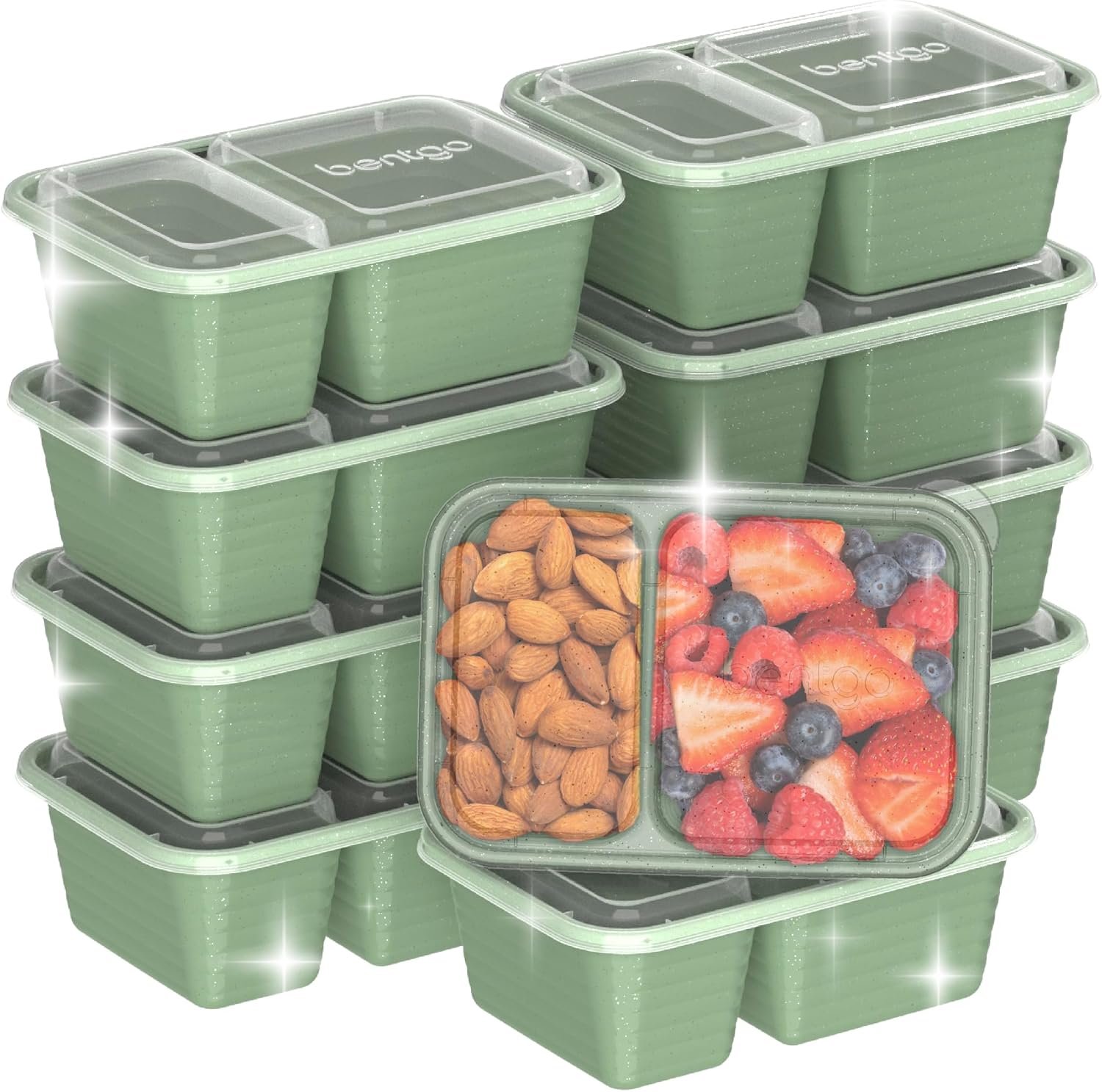 Bentgo Prep – 2-Compartment Snack Containers with Lids – Reusable, Microwaveable, Durable, PFAS & BPA-Free, Freezer, & Dishwasher-Safe Meal Prep Food Storage – 10 Trays & 10 Lids (Basil Glitter)