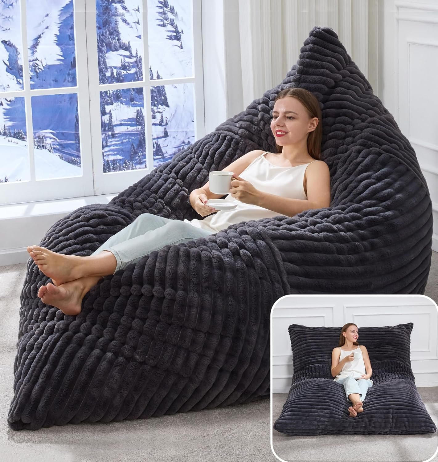 Hobestluk Adult Bean Bag Chair 3 in 1 Convertible Large Bean Bag Sofa | Striped Dark GreyMachine Washable,Removable Cover,Easy Convert And Install, Oversied Floor Bed,For Livingroom Bedroom