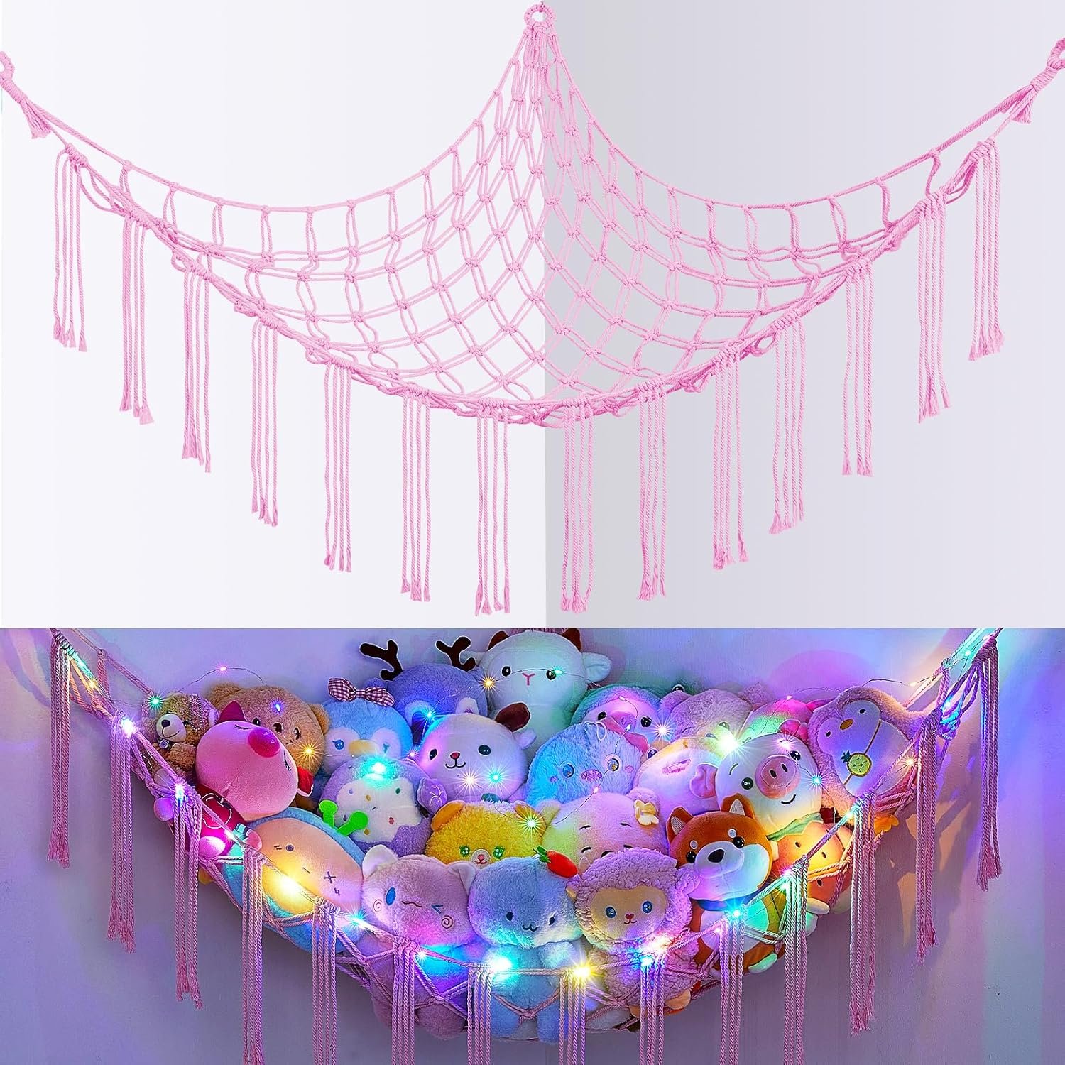 Basumee Stuffed Animals Hammock with LED Light Corner Net, Large Girls Room | Stuffed Animals Storage, Hand-Woven, Tassels, Holds Plush for Nursery, Playroom, Kids Bedroom Decor Toy Hammock Net Corner