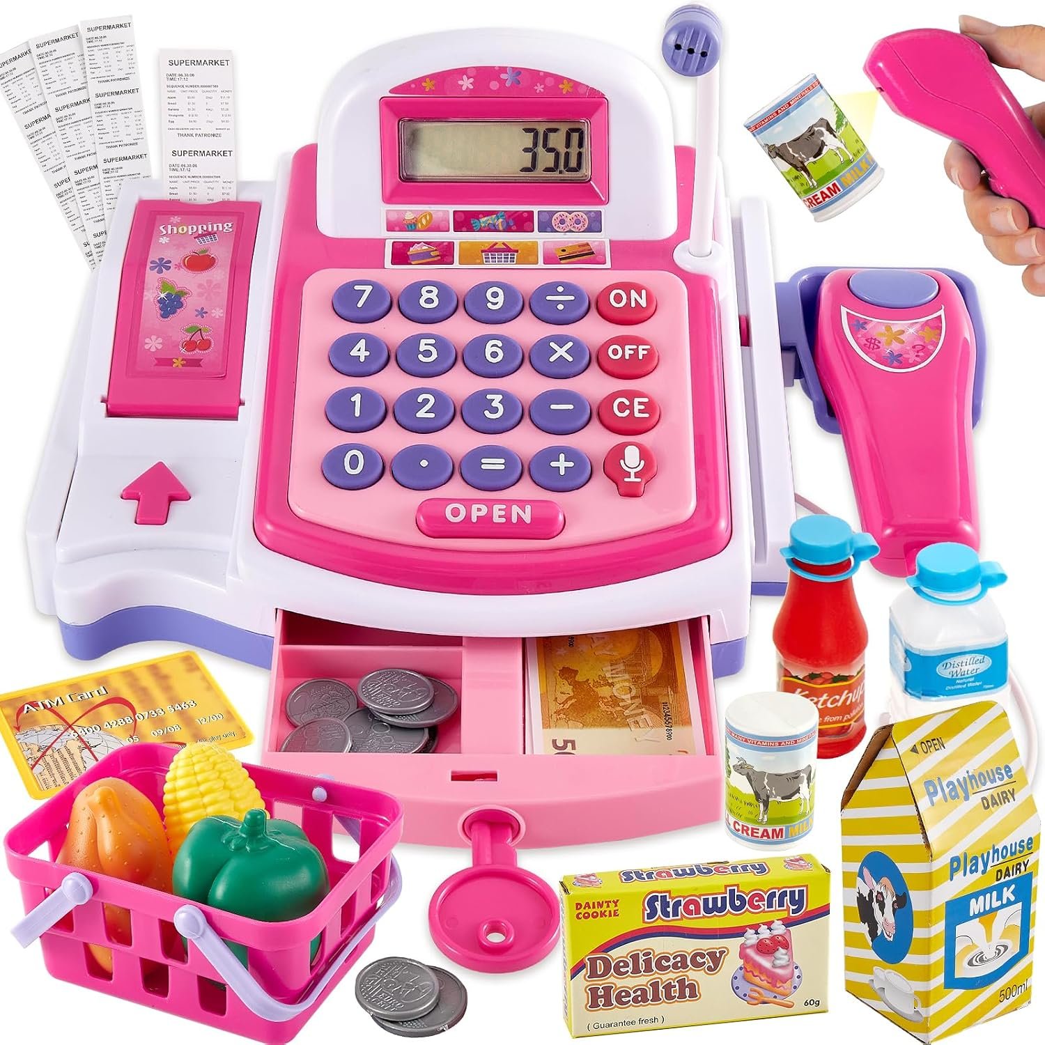 BUYGER Kids Cash Register Toy with Scanner, Receipt Printer, Microphone, Shopping Play Food – Pretend Role Play Birthday for Toddler Kids Boys Girls Ages 3 4-8+ Years Olds