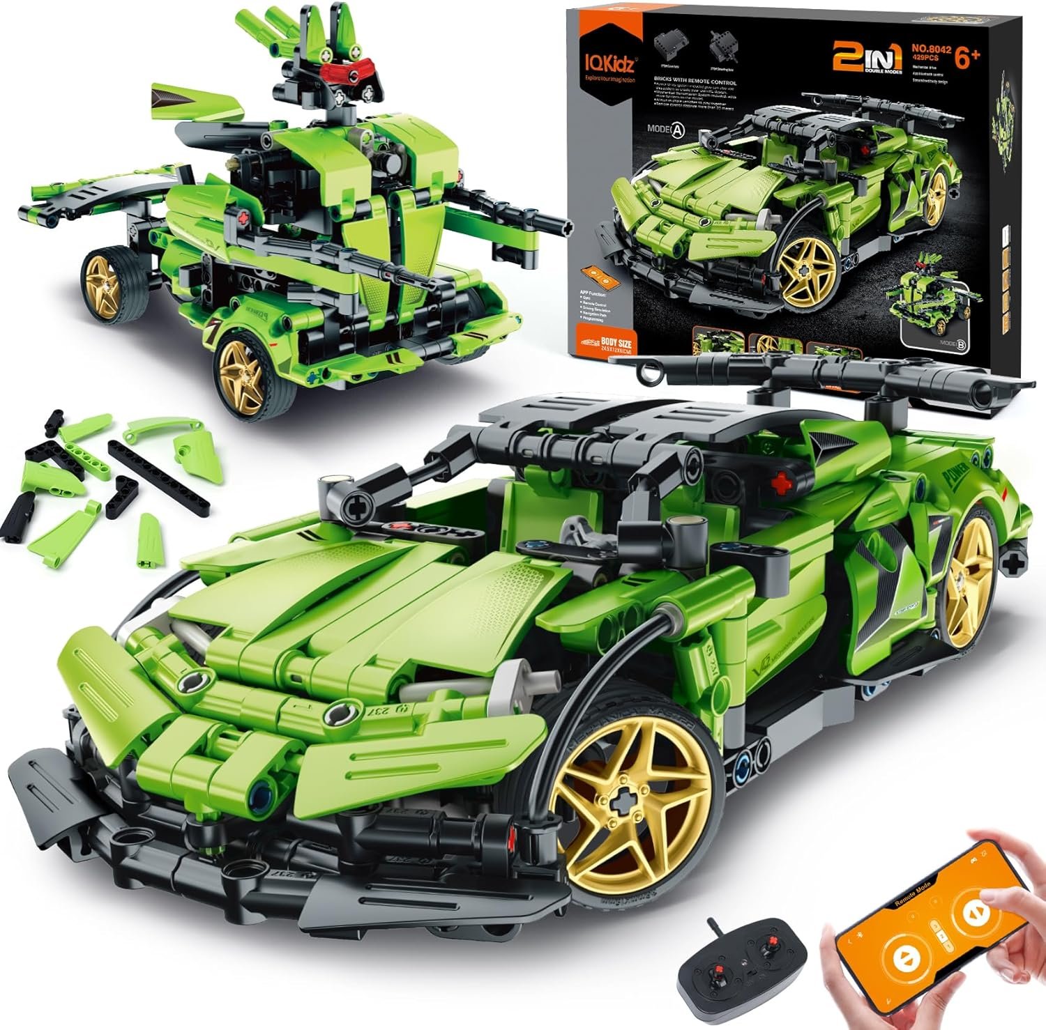 IQKidz STEM Building Blocks Kit for Kids – 2 in 1 Remote Control Race Car and Robot Toy, Great Gift for Boys, Teens Age 6 7 8-12+ Year Old Who Love Engineering and RC Sports Car Toys