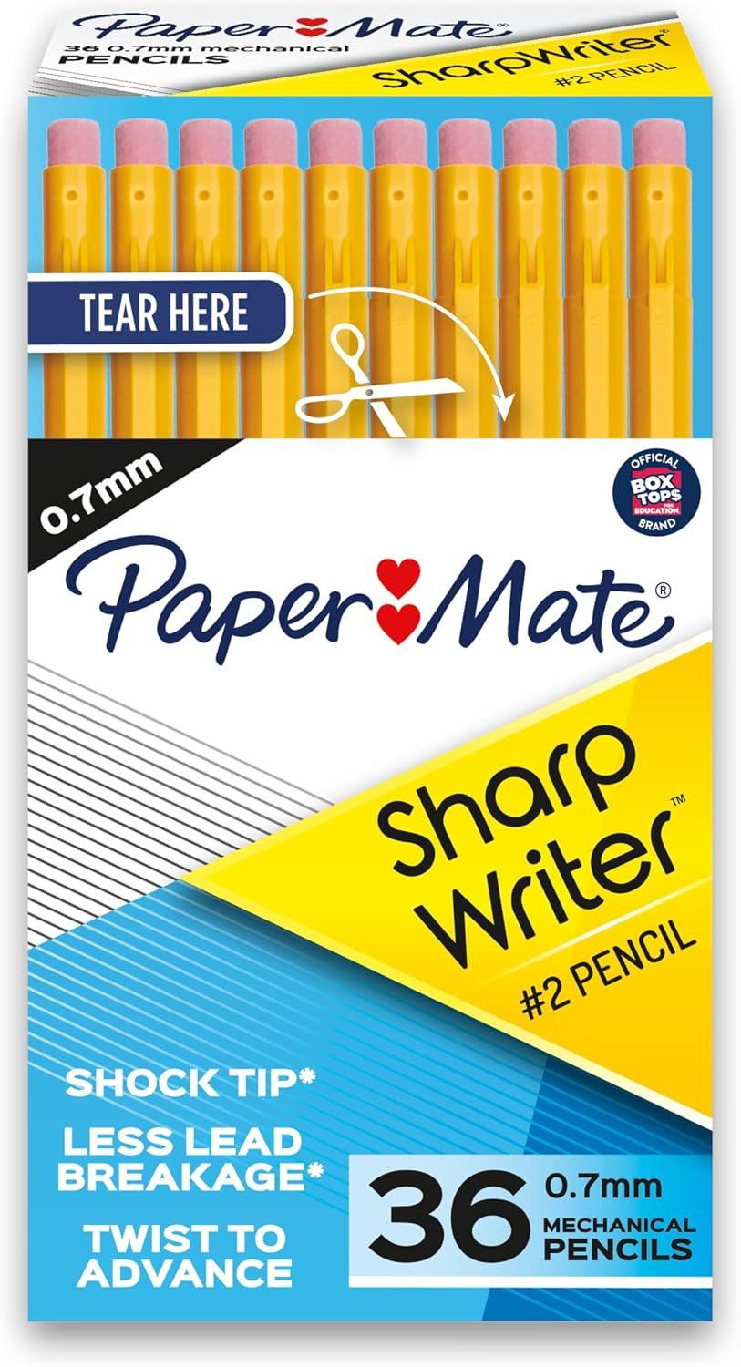Paper Mate SharpWriter Mechanical Pencils, 0.7 mm #2 Pencil Lead, Yellow, 36 Count – Back to School Supplies