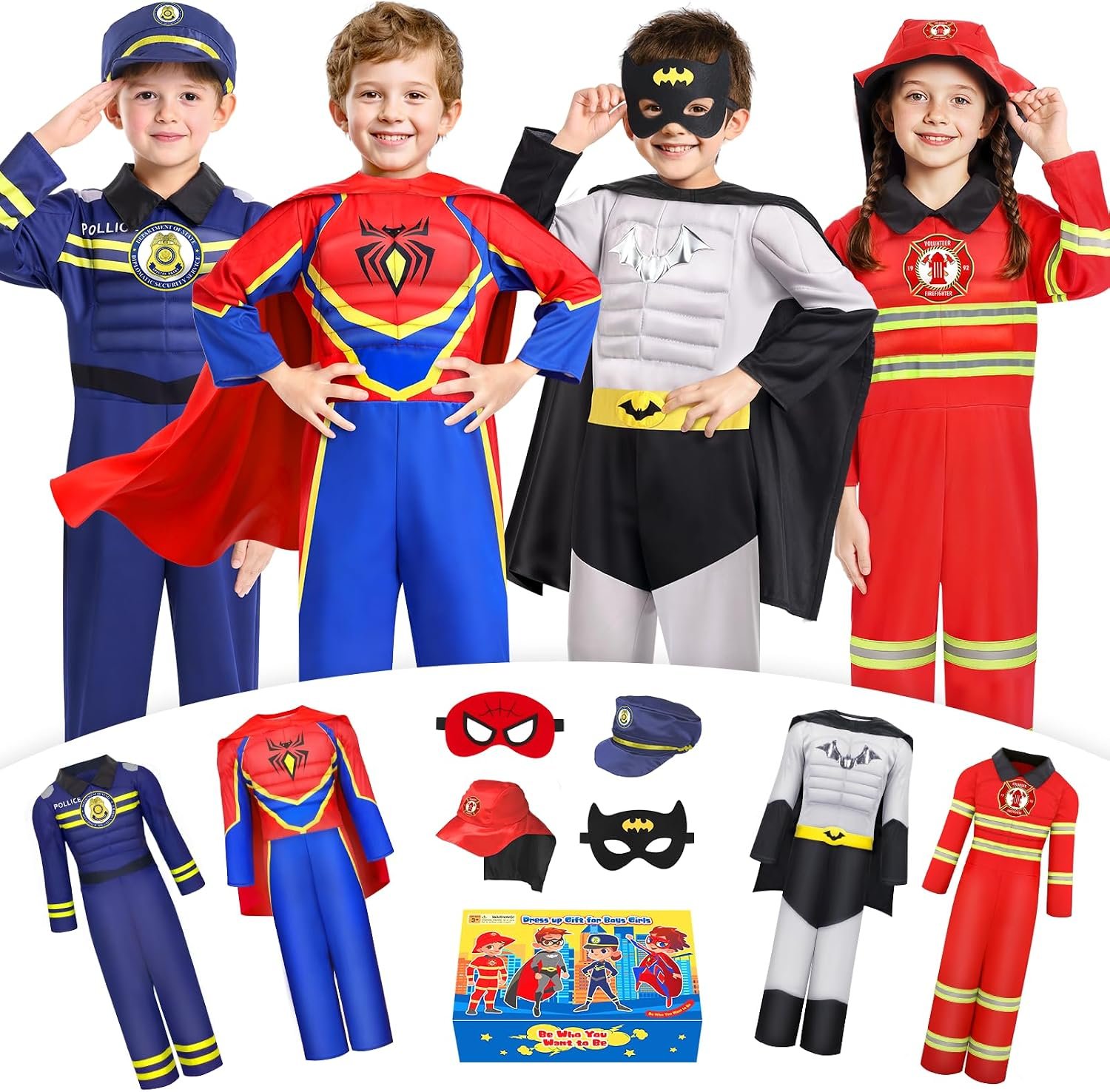 Costumes for Kids Boys Dress up Clothes for Role Play, Boys Muscle Chest | Dress up Costumes with Policeman, Fireman Costume for Toddler Boy 3 4 5 6 Years Christmas Birthday Gifts Jeowoqao
