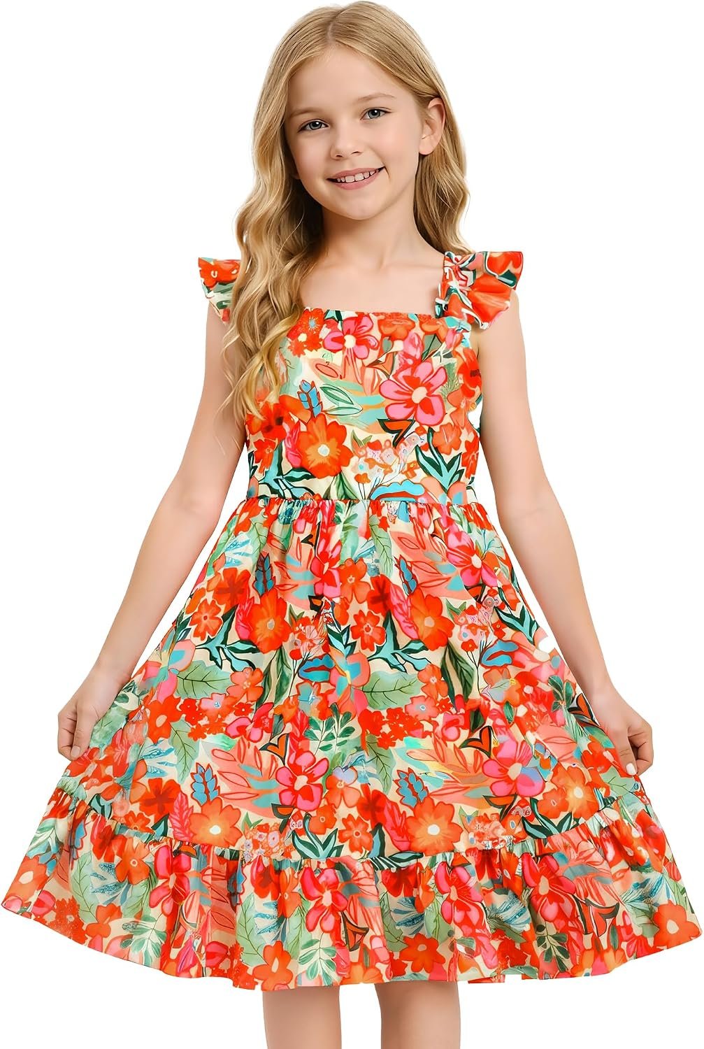 Girls Floral Ruffle Shoulder Tiered Swing Sundress Kids Summer Casual Dress