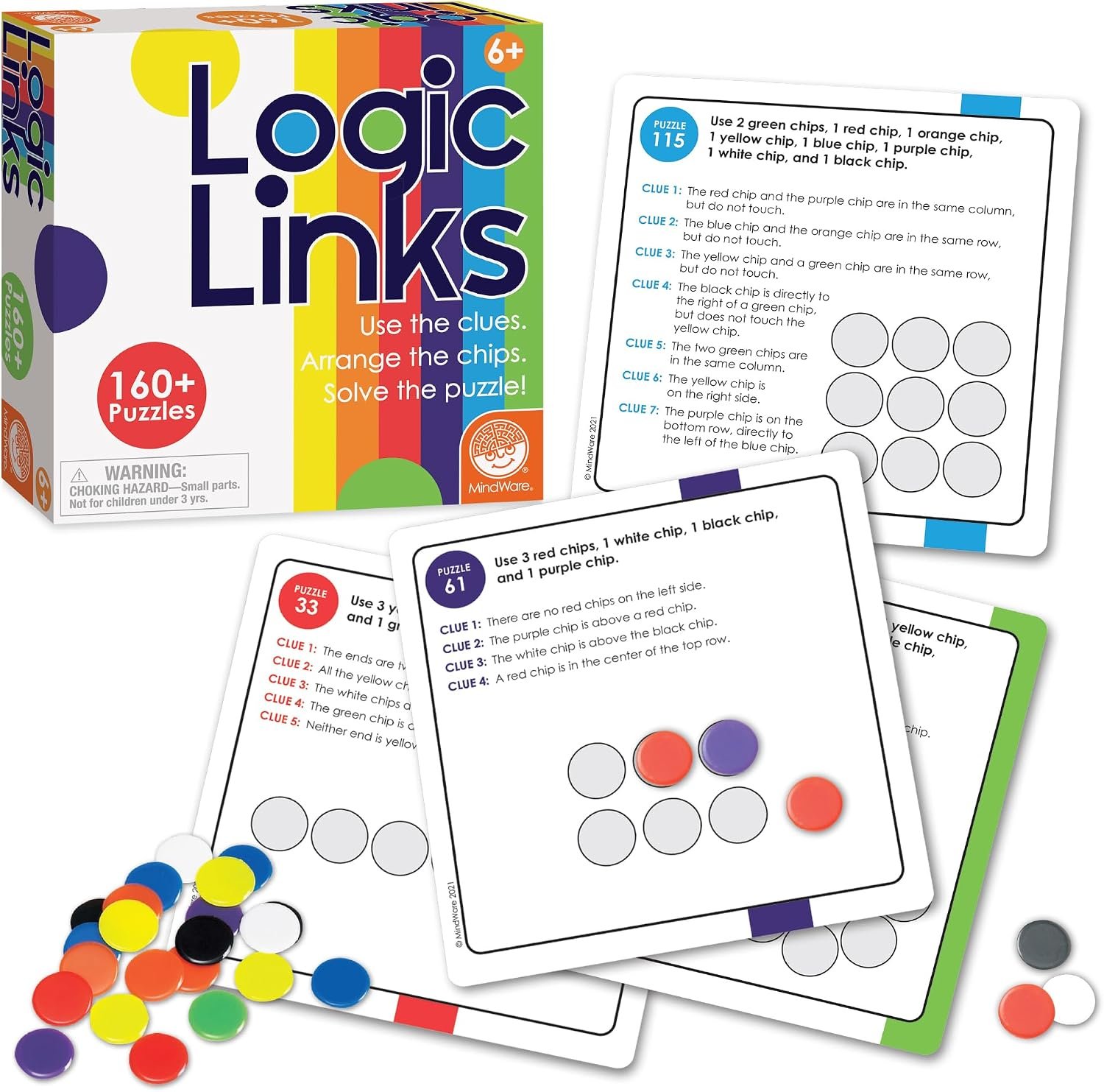MindWare Logic Links Puzzle Games – Brain Teaser Puzzles for Kids and Brain Games for Adults – 166 Challenging Brain Puzzles, 32 Game Chips – Ages 6+