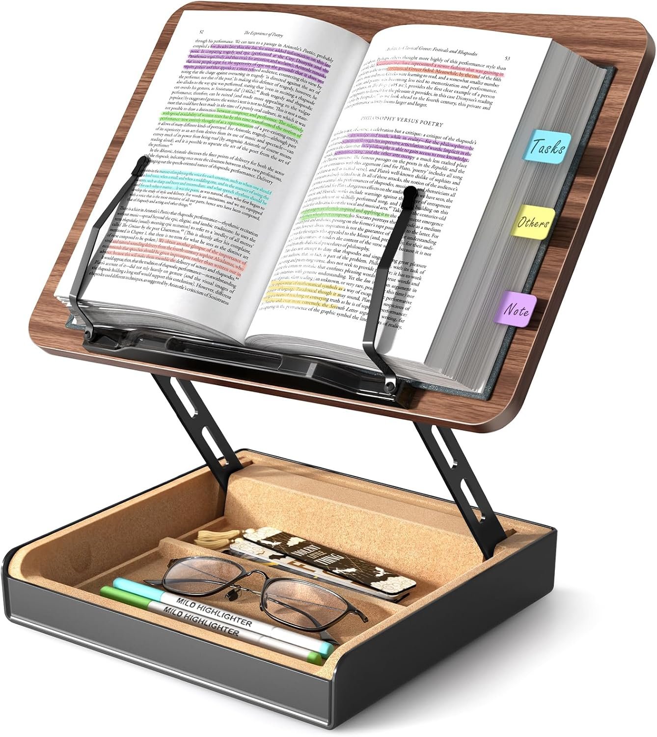 Book Stand with Storage, Book Holder for Reading Hands Free | Wooden Cookbook Stand for Kitchen Counter, Adjustable Reading Stand for Desk, Recipe Stand, Book Prop for Book Lovers