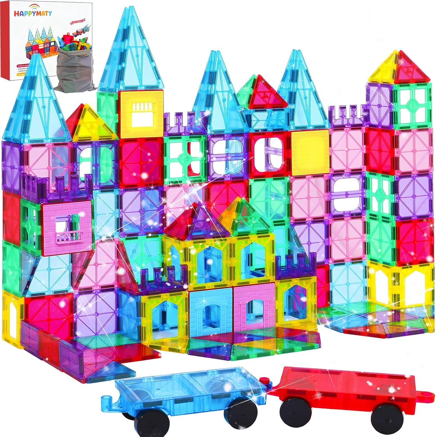 Antibacterial Magnetic Tiles 142PCS with 2 Cars, Built-in Antibacterial Protection, Inhibits Bacterial Growth for Healthier Play, STEM Educational Building Blocks for Kids Aged 3+