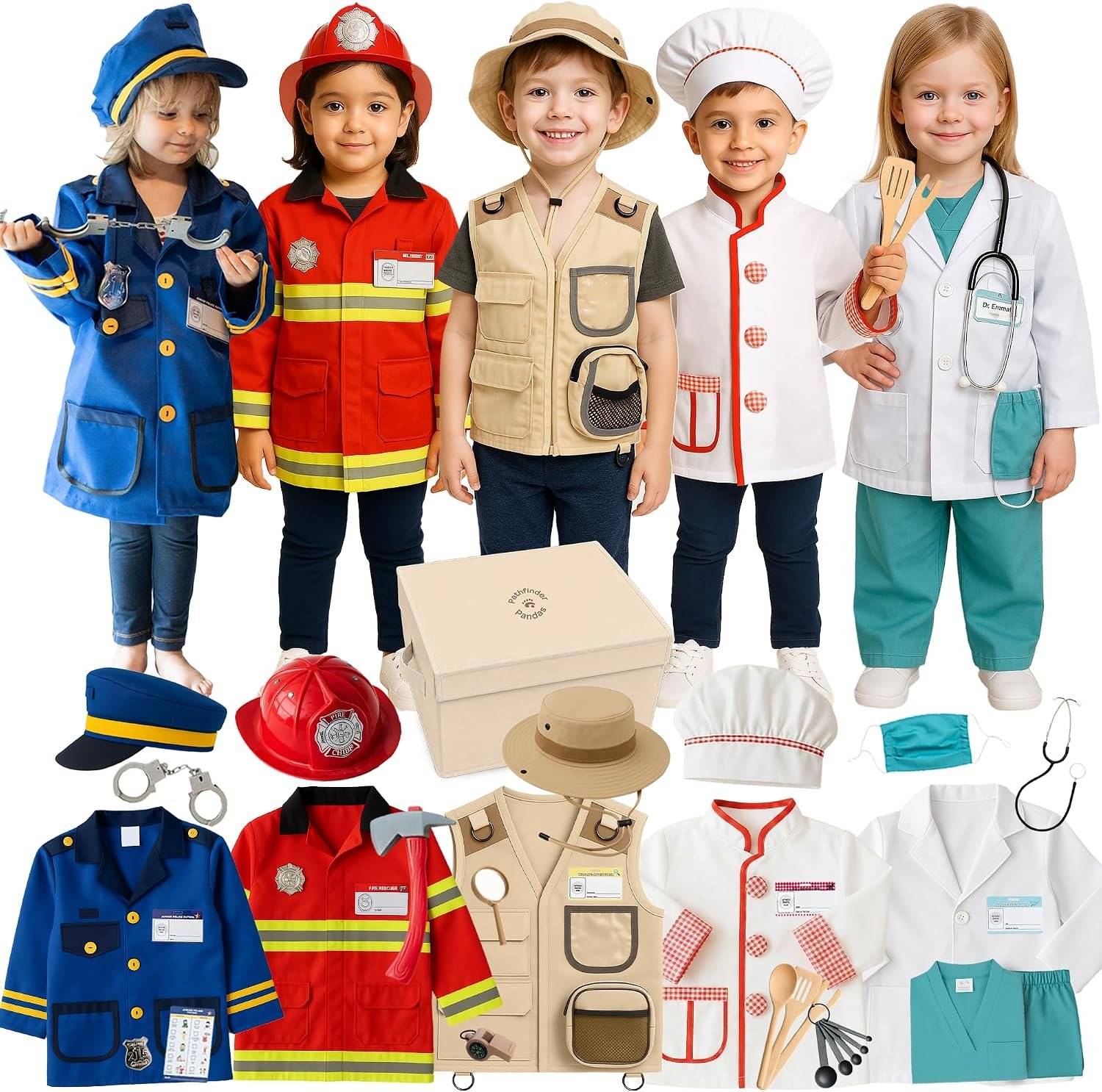 5-1 Kids Dress Up Clothes & Pretend Play Costumes for Ages 3-7 | Cute Role Play Dress Up Costumes for Boys & Girls with Matching Accessories & Storage Trunk