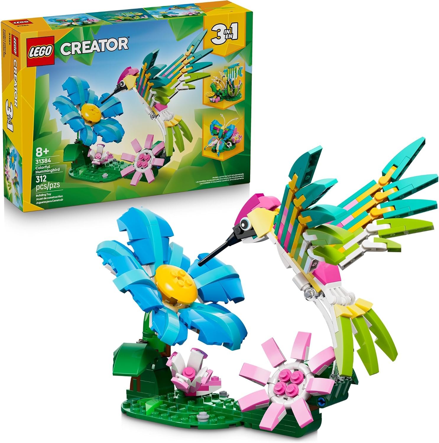 LEGO Creator 3 in1 Wild Animals: Colorful Hummingbird Building Toy for Girls, Boys, & Kids, Ages 8+ – Build a Bird, Butterfly, or Tropical Fish – Gift Idea for Birthdays – 31384
