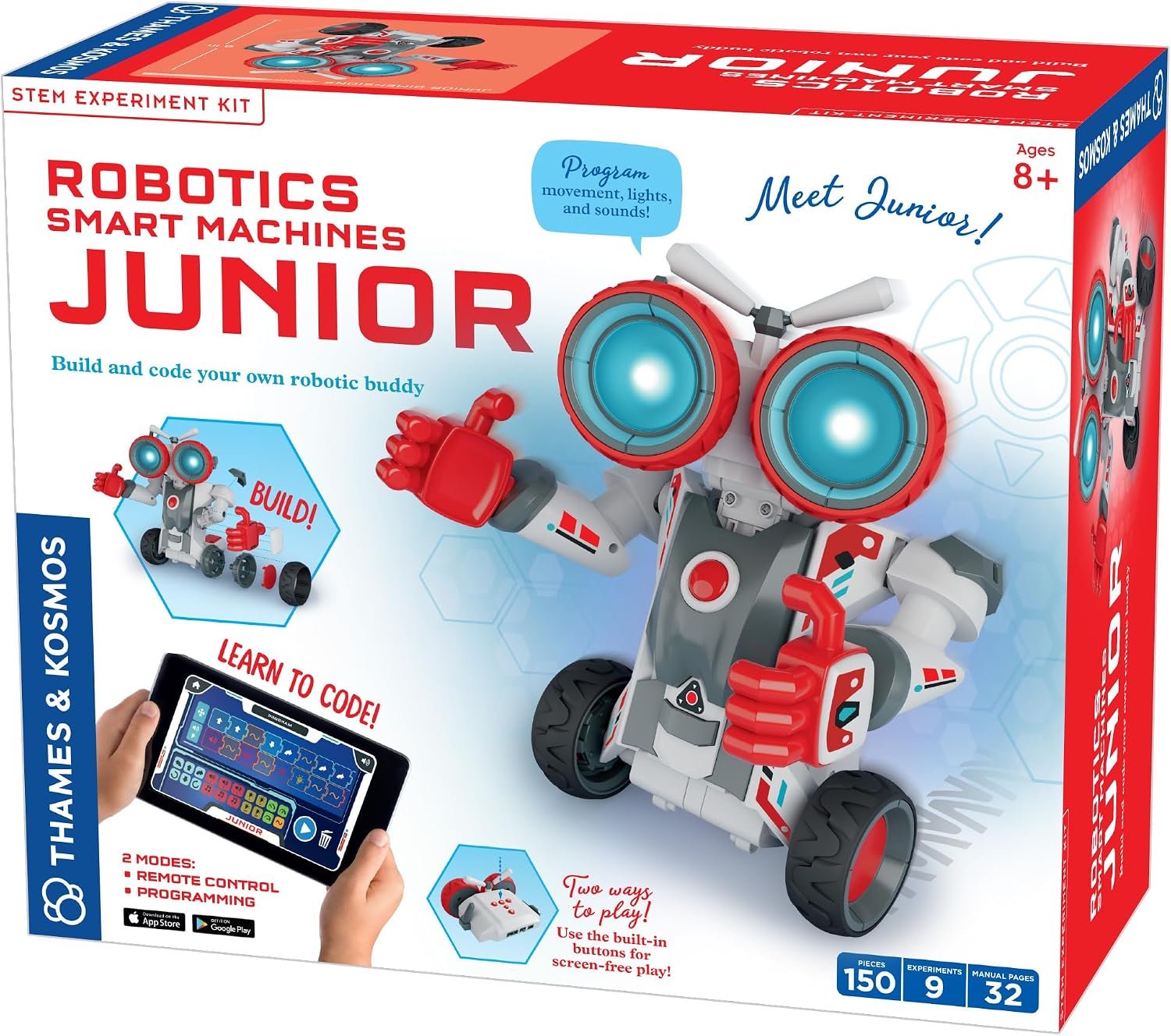Thames & Kosmos Robotics Smart Machines Junior STEM Kit, Build & Code Your Robot’s Movements, Speed, Lights & Sounds, for Ages 8+, Use Screen-Free w/Built-in Buttons or via Block-Based Coding App