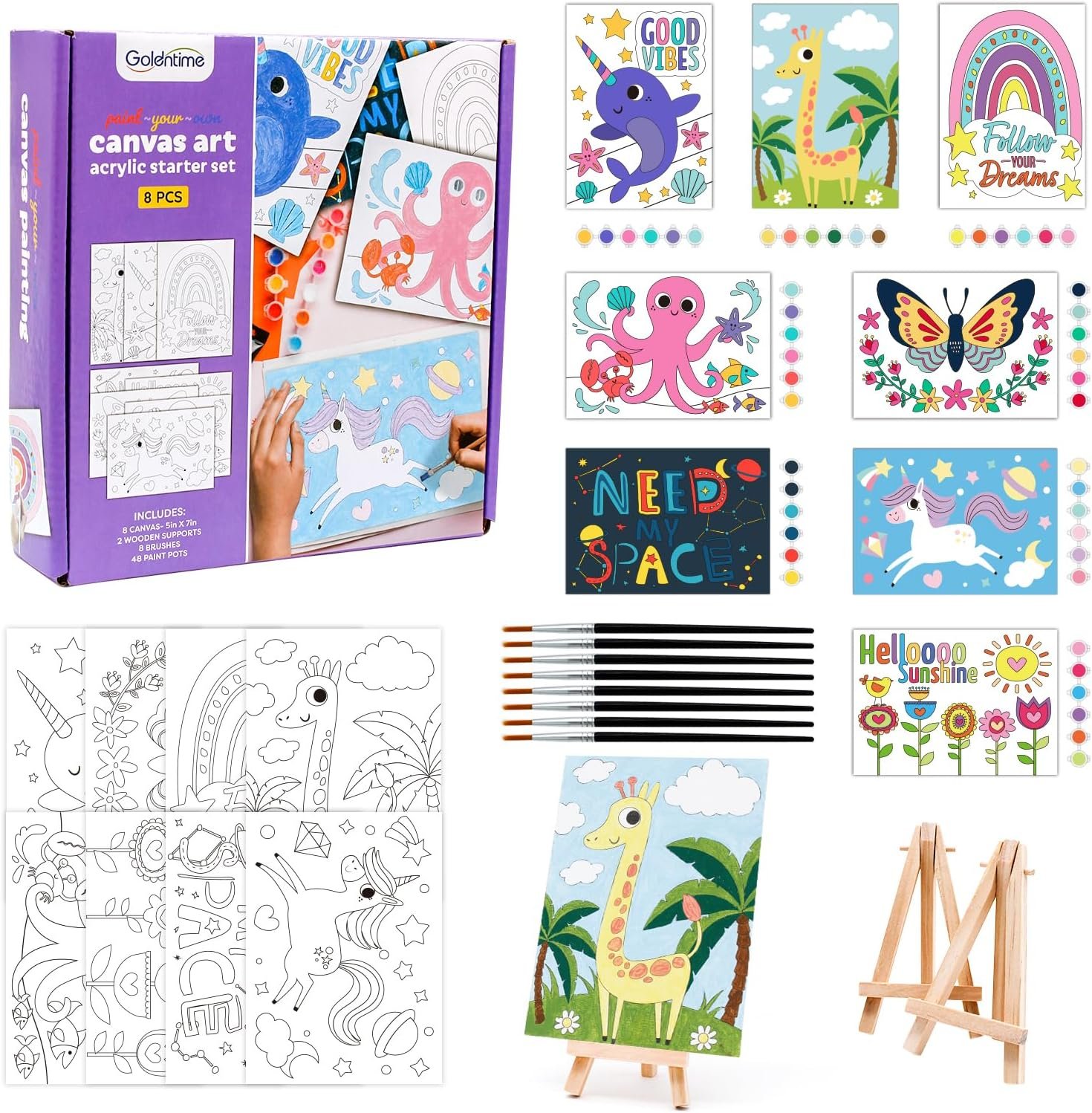 goldentime 8 Packs 5×7 Pre Drawn Canvas Set,Paint by Numbers for Kids,48 Paints 8 Brushes 2 Easels,Pre-Printed Acrylic Oil Painting Kit Ages 8-12 9-12 4-8