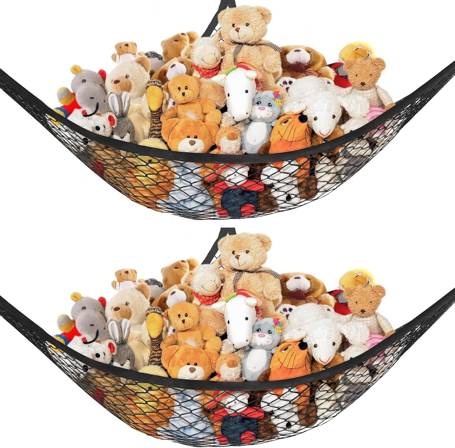 Lazebox Stuffed Animal Net Hammock for Plushie Toys, Stuffed Animal Hammock Corner for Kids’ Room Decor, Ideas for Organizing Stuffy Collection, Black, L (67″ x 40″ x 40″)-Pack of 2