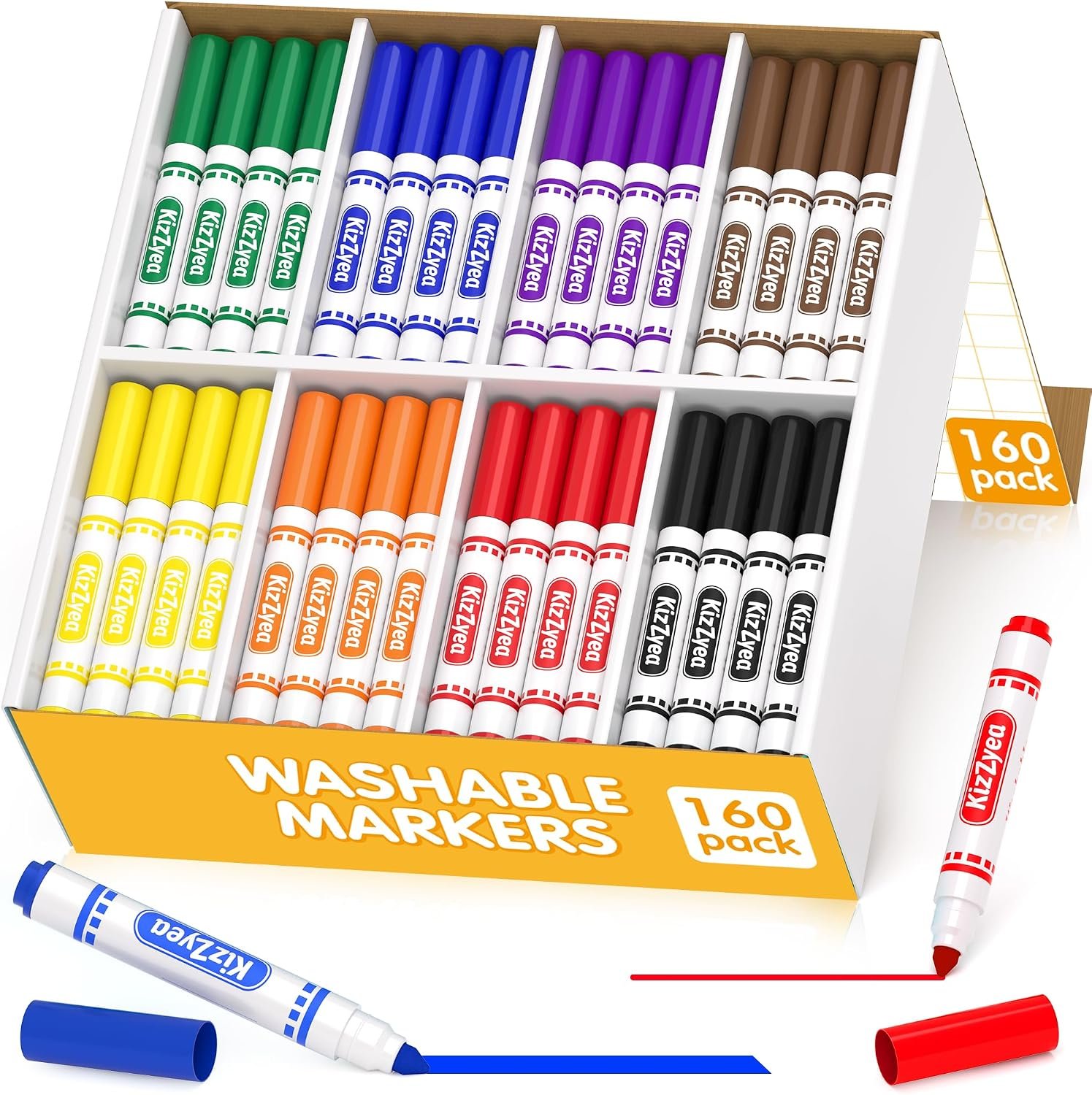 KIZZYEA Washable Markers Bulk, 8 Colors, 160 Count, Markers for Kids | Assorted Colors, Broad Line Conical Tips, Classroom Essentials for Teachers, Back to School Supplies, School Art Projects