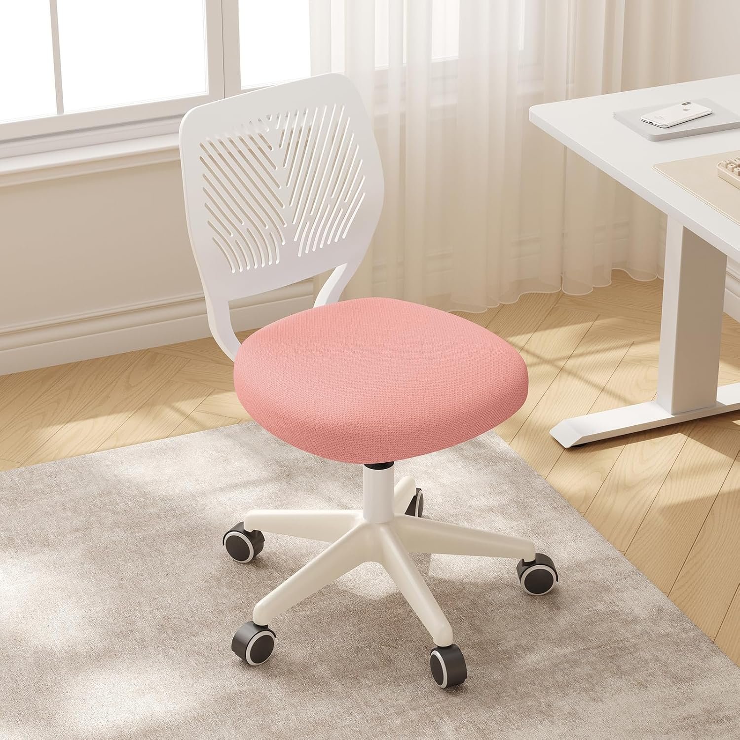 JPBSTO Armless Desk Chair, Height Adjustable Swivel Office Rolling Task Chairs with Soft Mesh Padded Cushion, Ergonomic Small Study Computer Chair for Girls Boys Teens, Pink