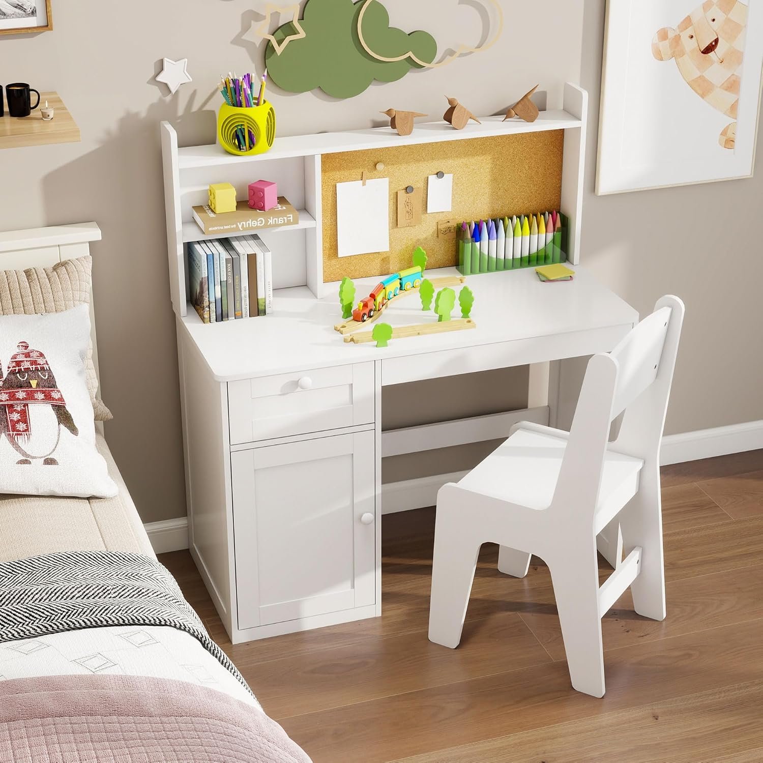 White Kids Study Desk with Chair, Kids Desk Chair Set for 5-12 Years Old | Children Wooden Study Table with Hutch & Storage Cabinet, Student Writing Table Computer Workstation for Girls and Boys
