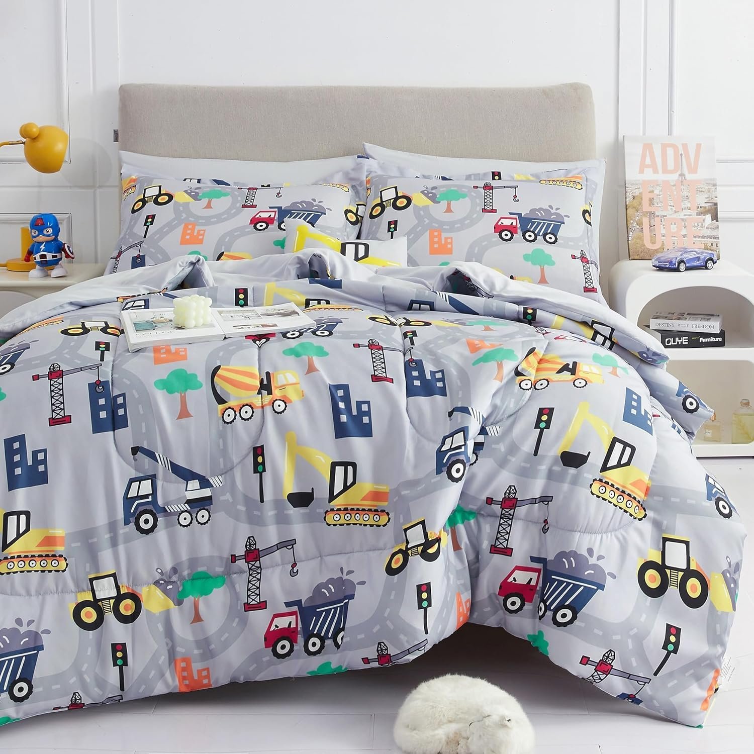 Kids Twin Comforter Sets for Boys 6 Pieces Excavator Grey Bedding Set for Teens Soft Microfiber Kids Bed in A Bag with Comforter, Sheet Set, Shams and Decorative Toy Pillow All Season