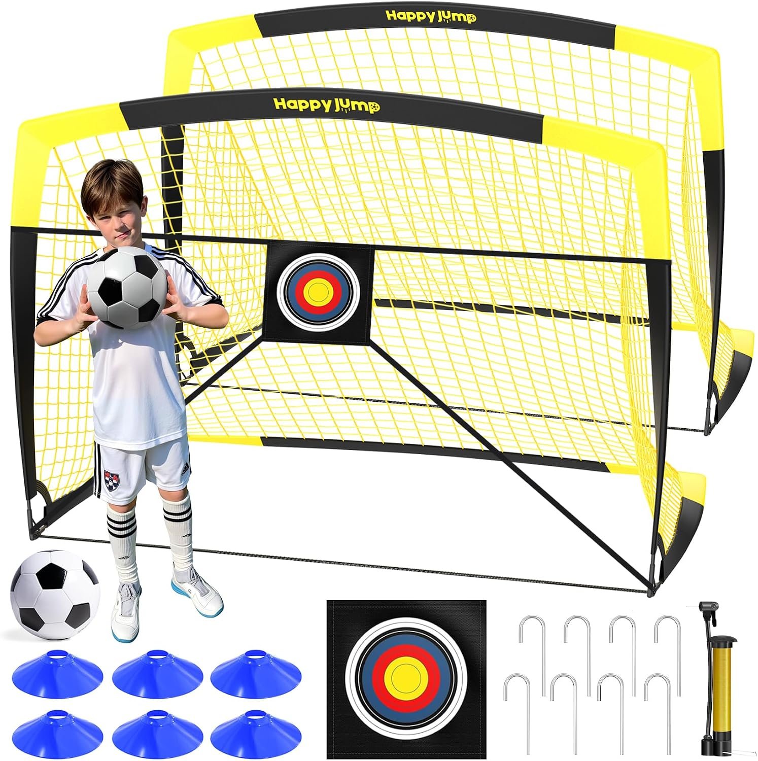 Happy Jump Portable Soccer Goal 7×5 & 5×3.6 FT, Large-Frame Training Net | Great for Kids Ages 6-14 Skill Development, Ideal for Backyard Park School Beach Indoor Outdoor, Easy Fold Durable Dacron Net