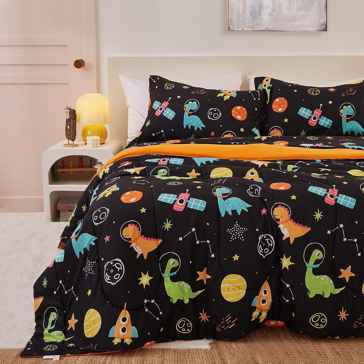 Yibeizi Kids Twin Bed Comforter for Boys Space Dinosaur Bedding Sets | Cute Black Printed Quilt Lightweight Soft Breathable Machine Washable Bed Set with Pillow Sham 2 Piece