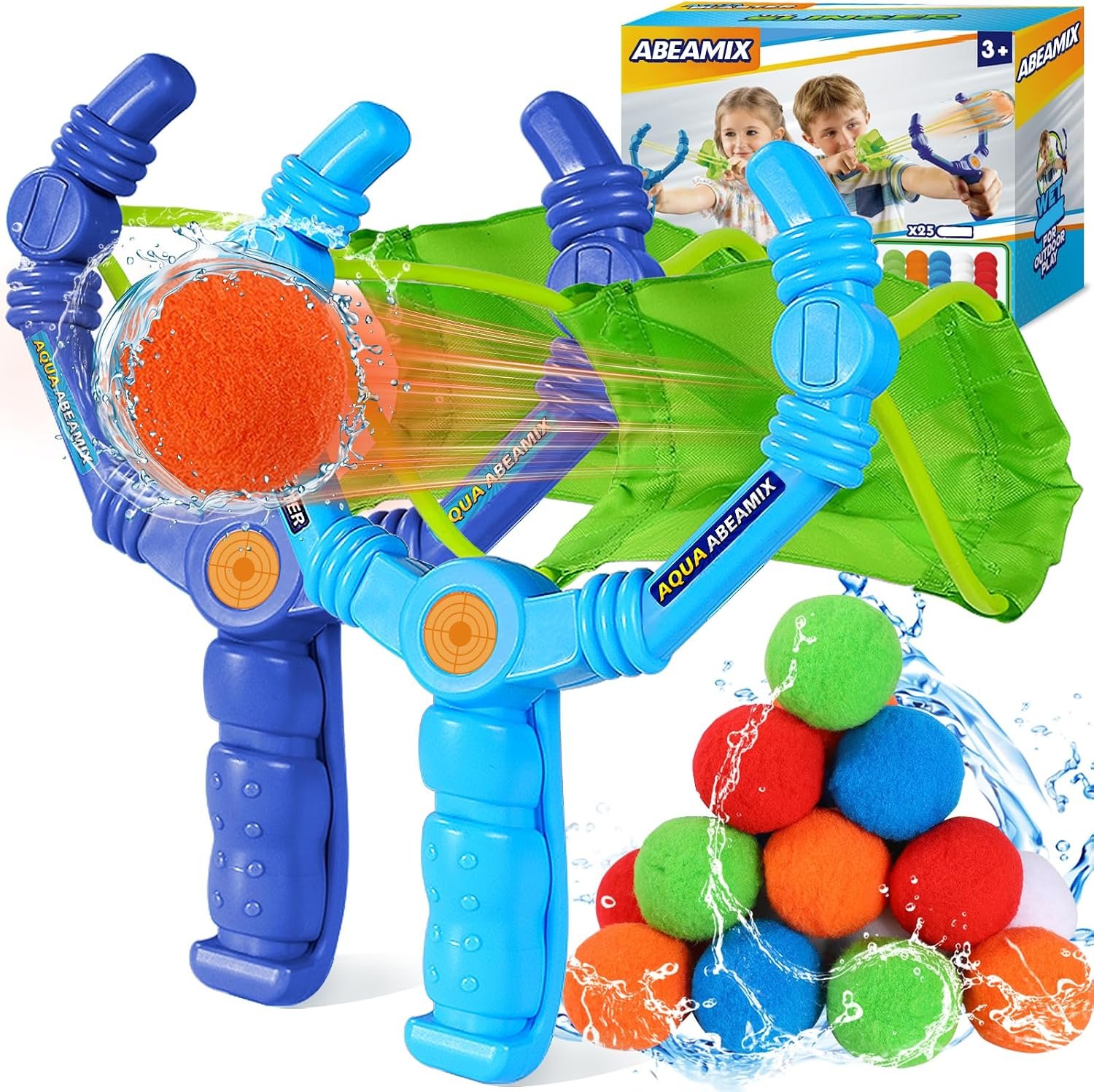 Reusable Water Balloons Set For Kids, 2 PCS Slingshot Launcher With 25 PCS Soft Balls, Outdoor Summer Water Toys For Pool Beach Backyard Water Game Fun, Birthday Party Gift For Boys Girls
