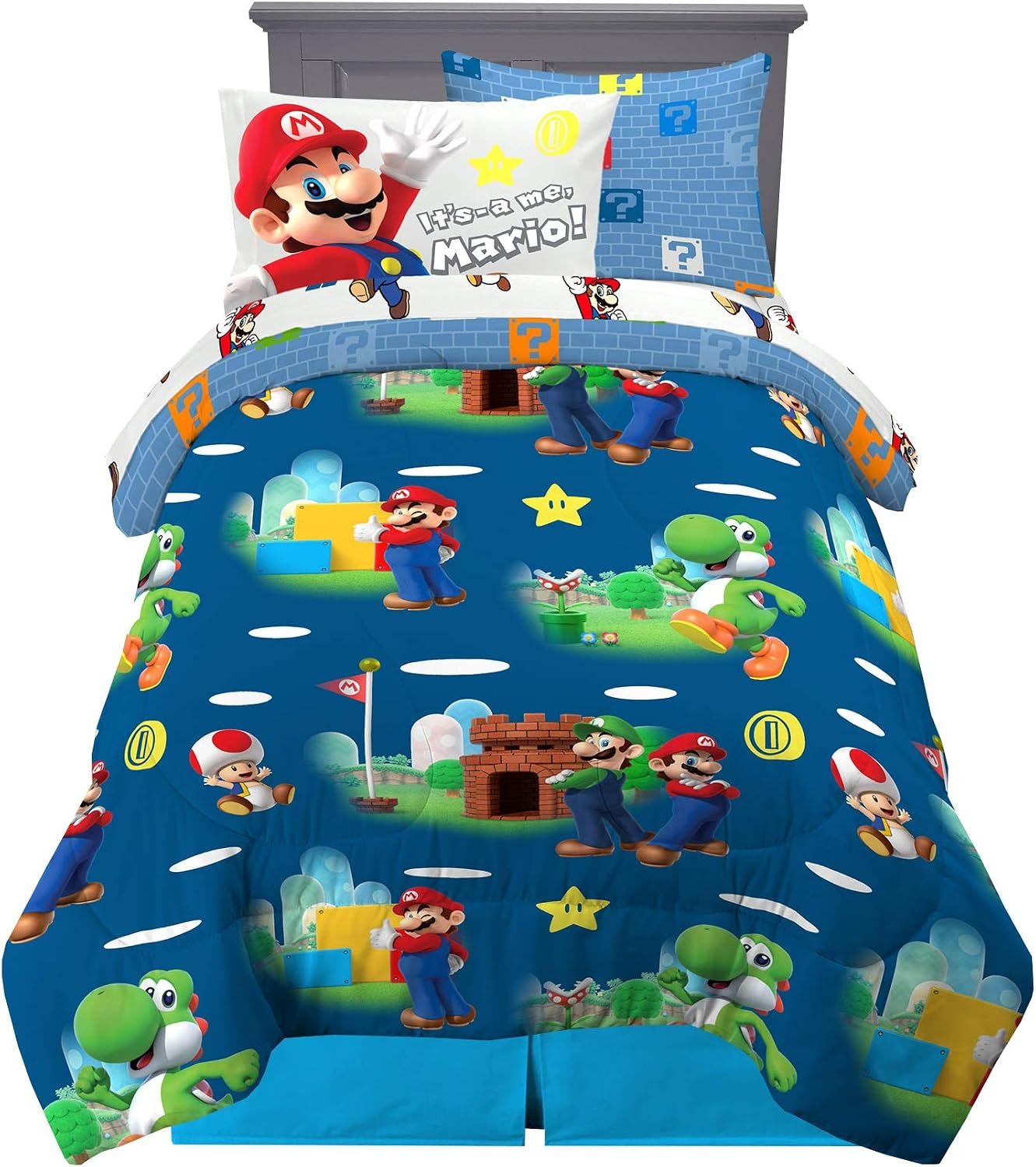 Super Mario Kids Bedding Set, Twin Size 5 Piece Comforter and Sheet Set with Sham, (Officially Licensed Product) by Franco