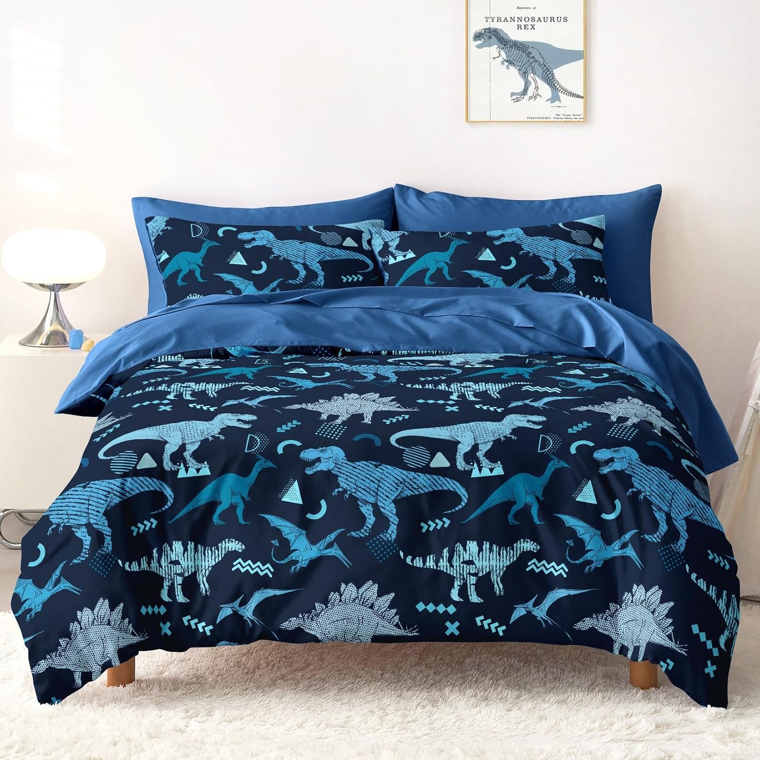 Wake In Cloud – Dinosaur Bedding Set for Boys, Jurassic Dino World Sketch, Soft Lightweight Comforter Set with Sheets, 5 Pieces Kids Bed in a Bag, Navy Blue, Twin Size