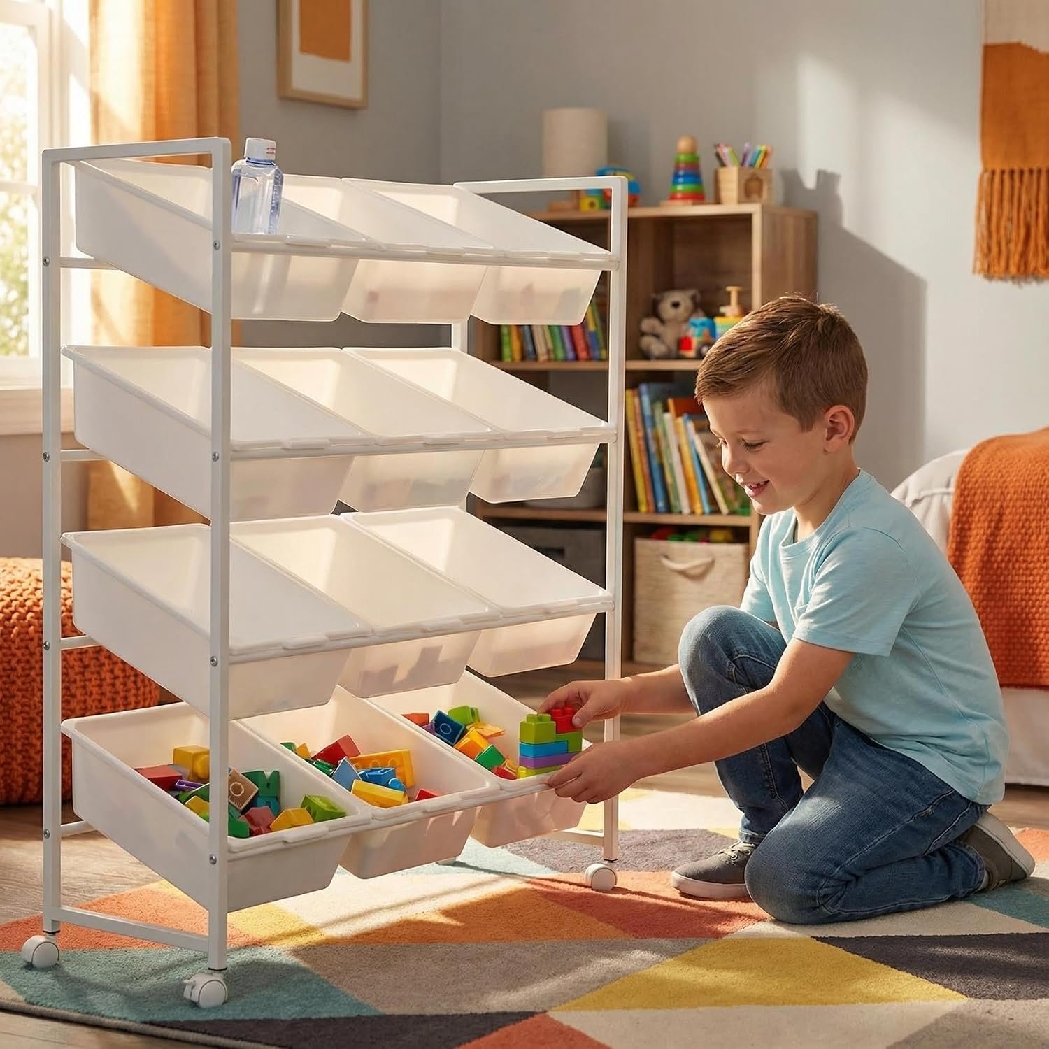 PureBox 4-Tier 3-Row Kids Toy Storage Organizer with 12 Rolling Plastic Bins, Mobile Utility Cart Bookshelf Cabinet for Playroom, Bedroom, and Classroom, Easy-Glide Bins for Quick Cleanup