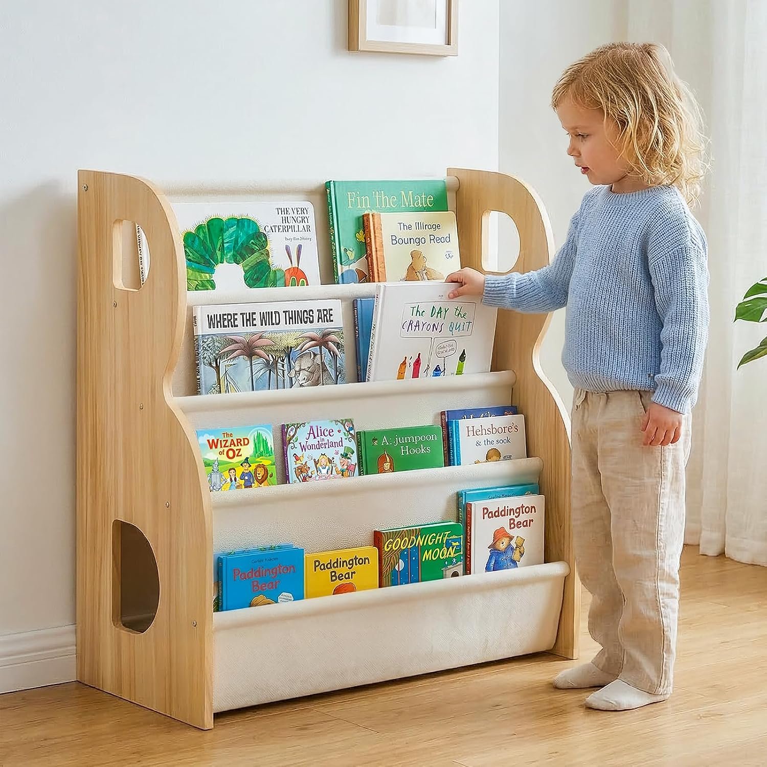 XiaZ Child Book Shelf Wooden Montessori Toddler Bookshelf Solid Pine B-Frame Book Shelf with Handle, Portable Double-Sided Kids Nursery Book Organizer Bookcase Easy Install for Study Room