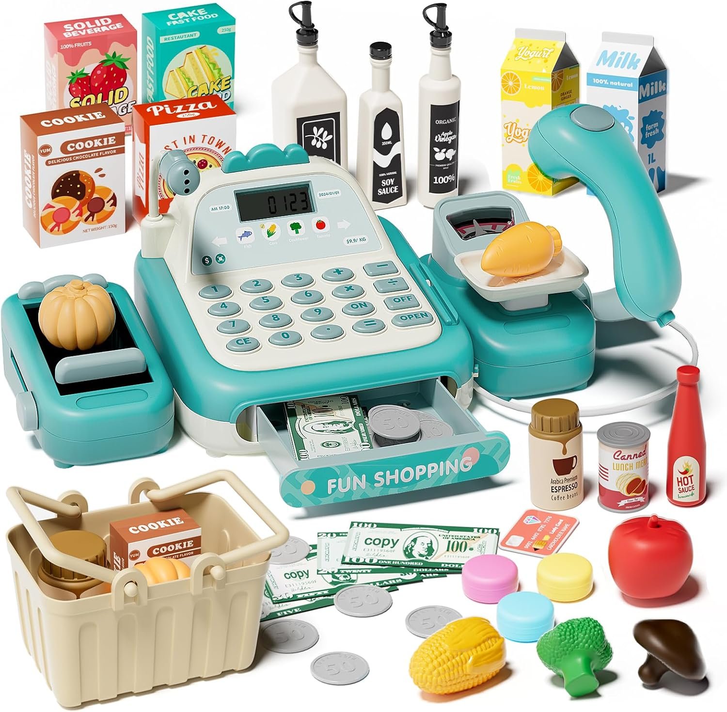 STACTCUTE 49Pcs Cash Register Toy Set for Toddlers (Green) | Pretend Play Grocery Store Cashier with Conveyor Belt, Scanner, Scale, Calculator & Microphone, Toys Gift for Kids Ages 3-8