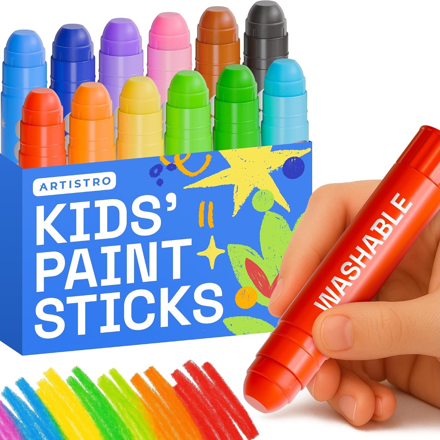 ARTISTRO 100% Washable Tempera Paint Sticks for Kids – 12 Non-toxic Paint Markers for Kids – Color Sticks with Twist Design