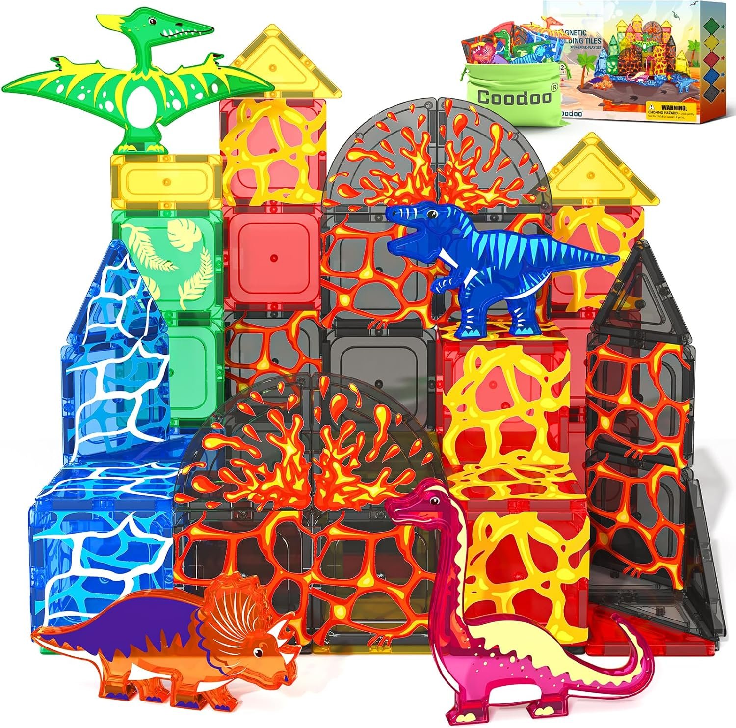 Coodoo Dinosaur Toys Magnetic Tiles Lava Dinosaur World Set – Magnetic Blocks Building for Kids 3-5 5-7 Girls Boys Toy Age 4-6 6-8, Classroom Must Haves Toddler Sensory for 3+ Year Old Kids Toys