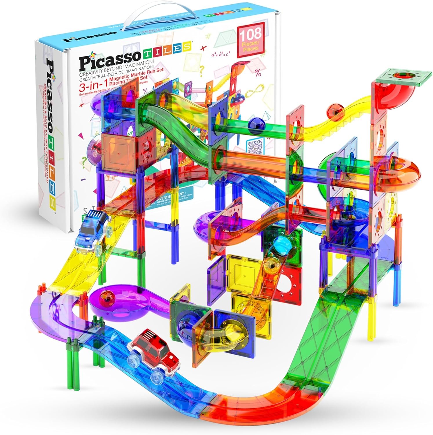 PicassoTiles 108 Piece Marble Run Race Track Set with LED Cars STEM Ages 3+ | 2 Light-Up Vehicles, 4 Magnetic Marbles, BPA-Free, Expandable Collection, Fine Motor Skills,Problem-Solving Screen-Free Toy