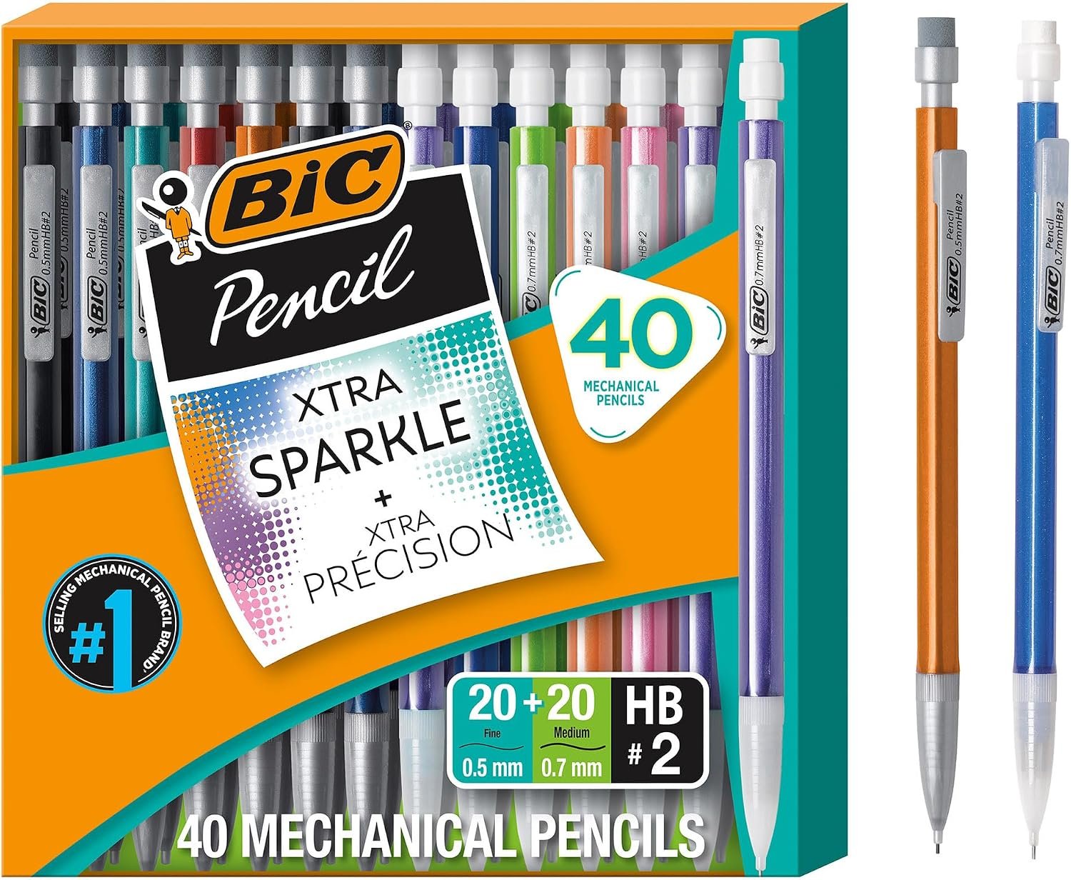 BIC Mechanical Pencils #2 XtraSmooth, 20 0.7mm & 20 0.5mm, Pack of 40 | Assorted Colored Barrels, Bulk School Supplies for Teachers and Classrooms