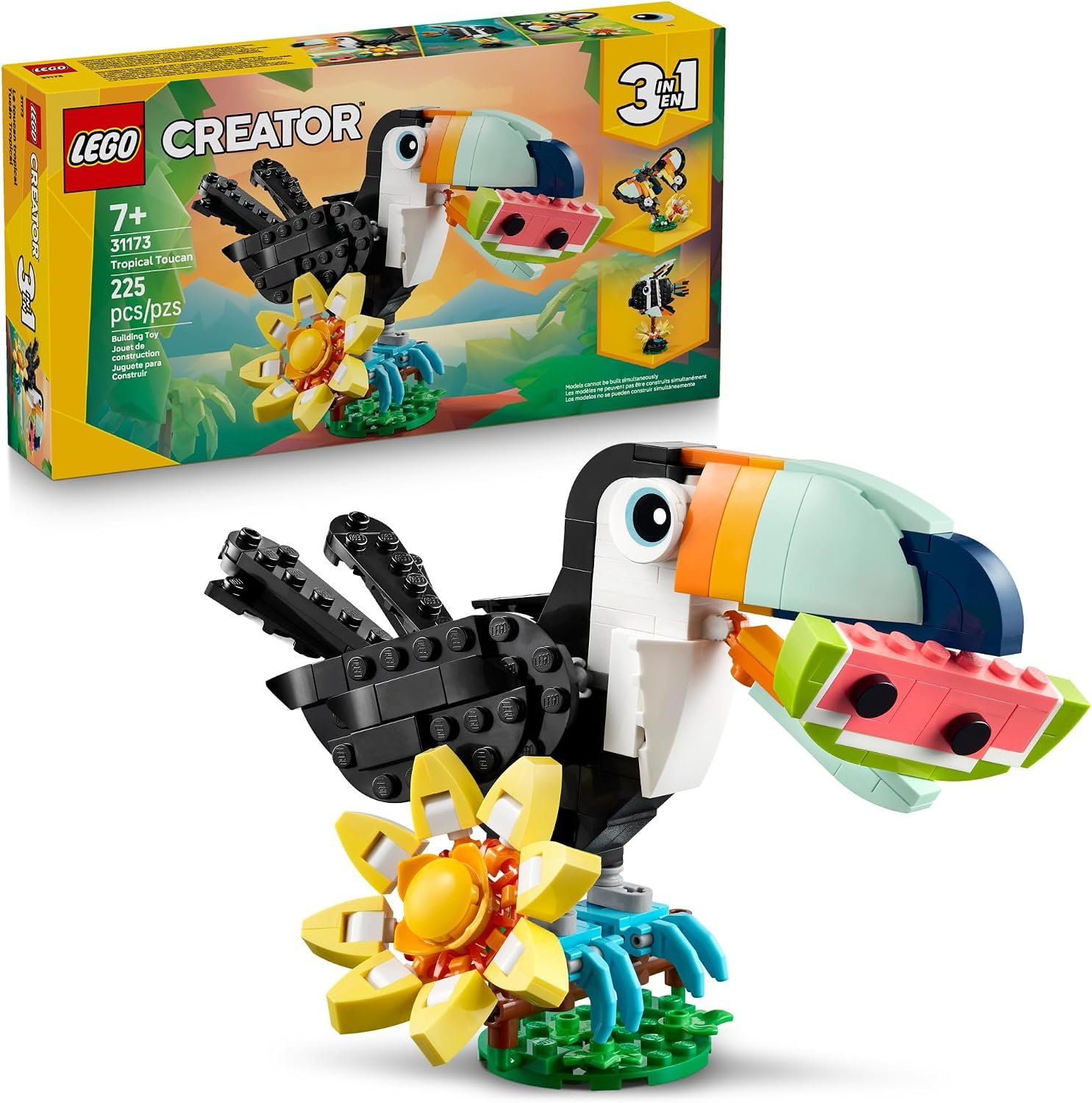 LEGO Creator 3 in 1 Wild Animals: Tropical Toucan Building Toy for Kids- Jungle Building Blocks & Learning Toy for Girls & Boys, Ages 7+ – Build 3 Animal Toys in 1 Set – Gift for Birthdays – 31173