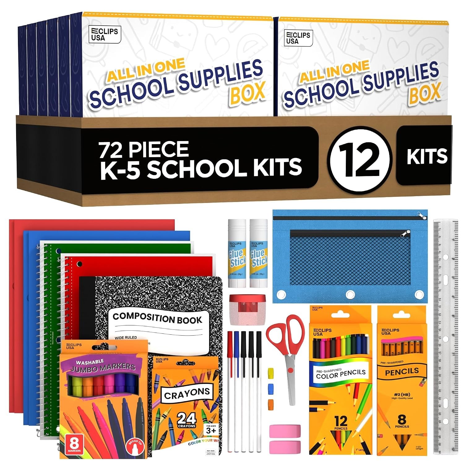 72 Piece Back to School Supplies Kit 12 Pack Bulk K-5 Kids School Supply Kit