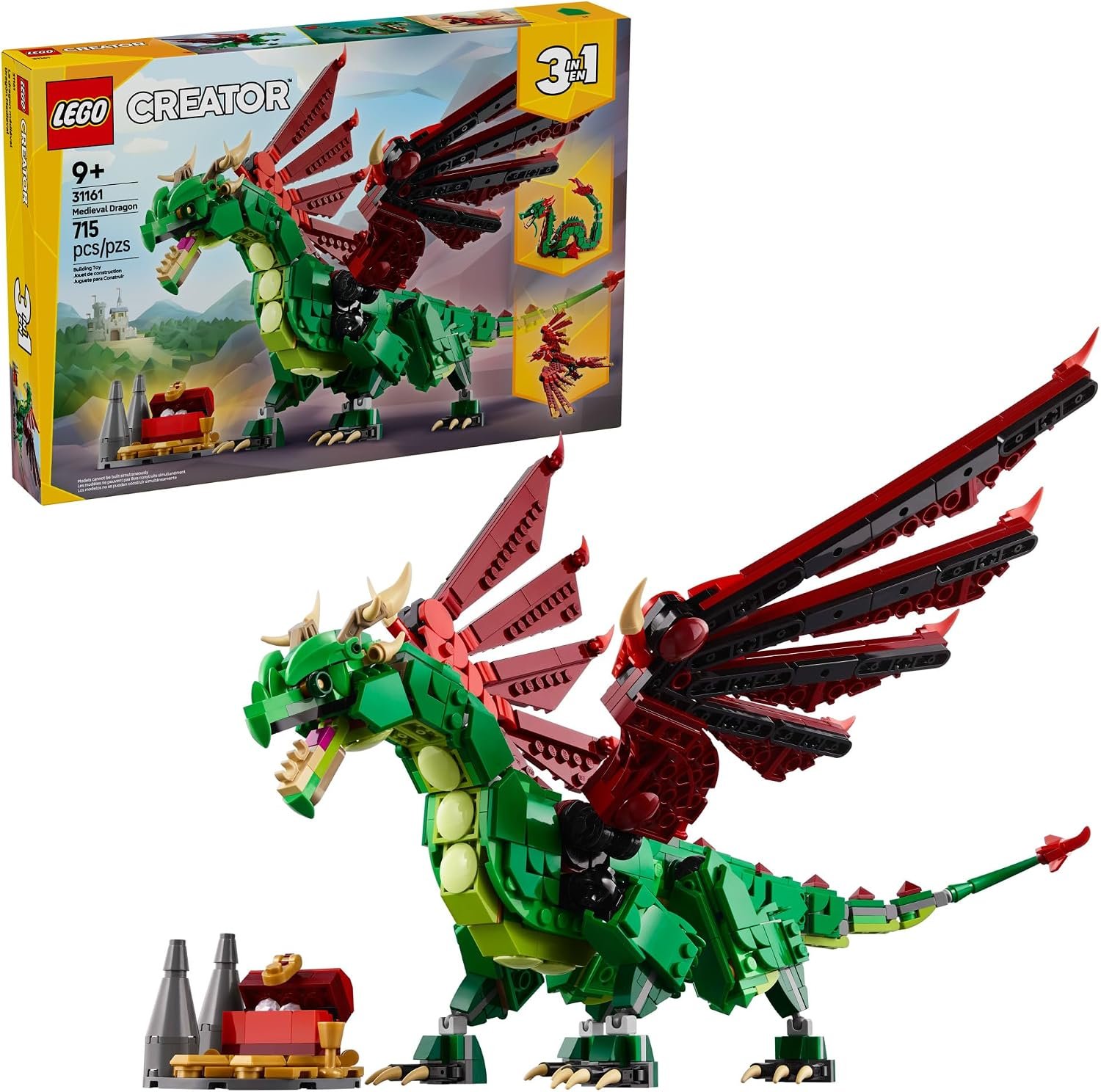 LEGO Creator 3 in 1 Medieval Dragon Toy – Building Toy with 3 Build Options, Dragon, Sea Serpent, or Phoenix – Fantasy Set for Kids, Boys and Girls, Ages 9+ – Gift Idea for Birthdays – 31161