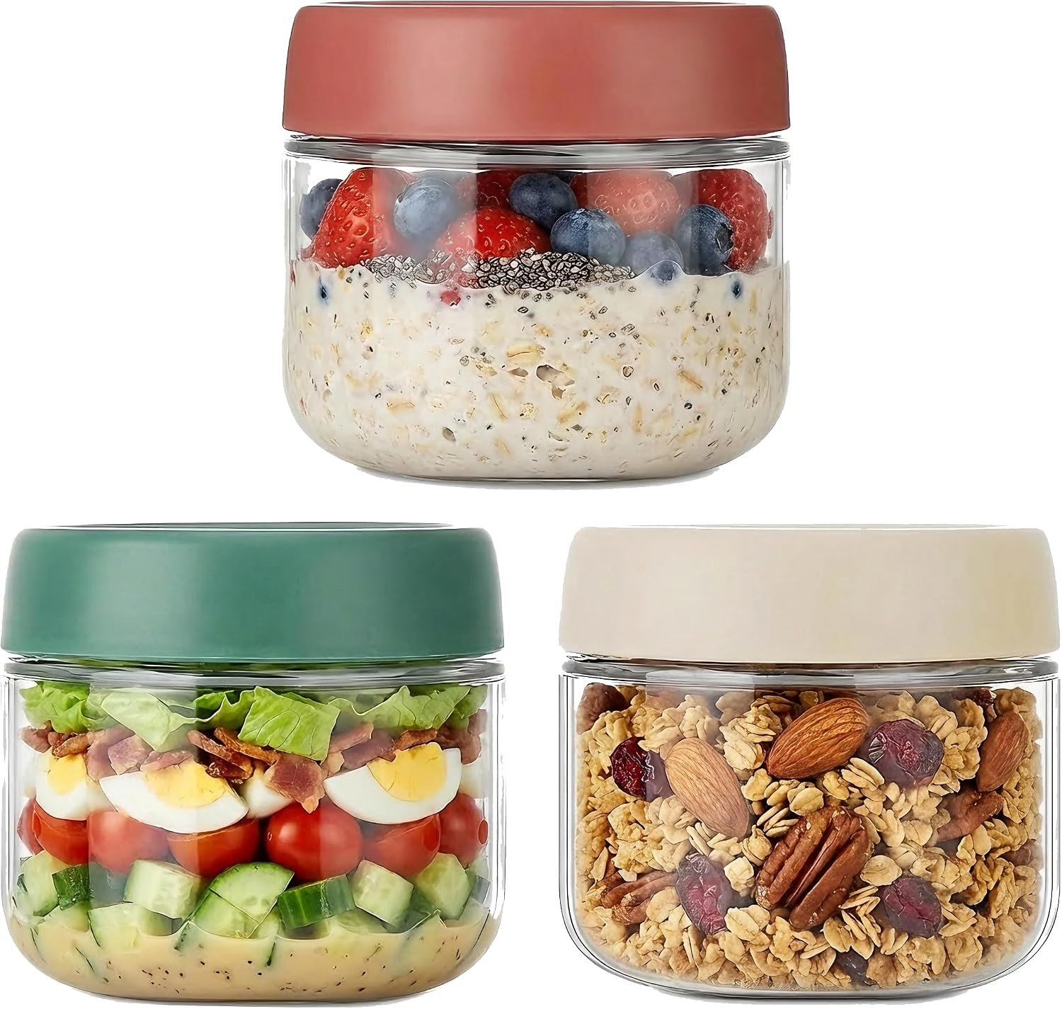 3Pack Overnight Oats Containers with Lids,10oz Glass Jar with Scew Lid,Salad Dressing Fruit Veggies Sauce Snacks Meal Prep Food Containers,Spice Jars,Wide Mouth Storage Containers
