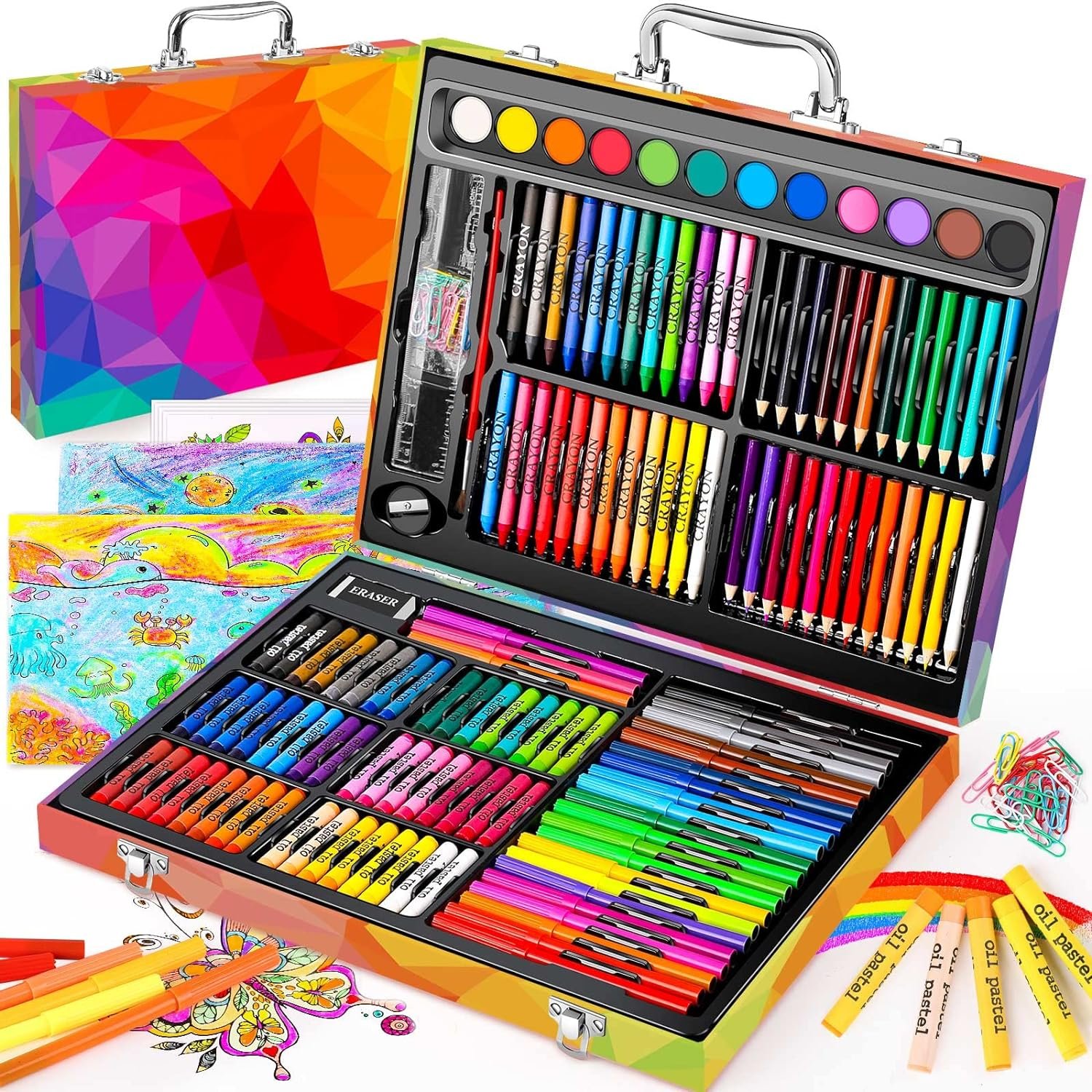 Soucolor 183 Art Drawing Painting Kit, Crayons Pastels Markers, Wooden Case | 183-Piece Art Set Includes Crayons, Oil Pastels, Watercolors, Colored Pencils, Markers, Drawing Paper, Brushes, Wooden Case