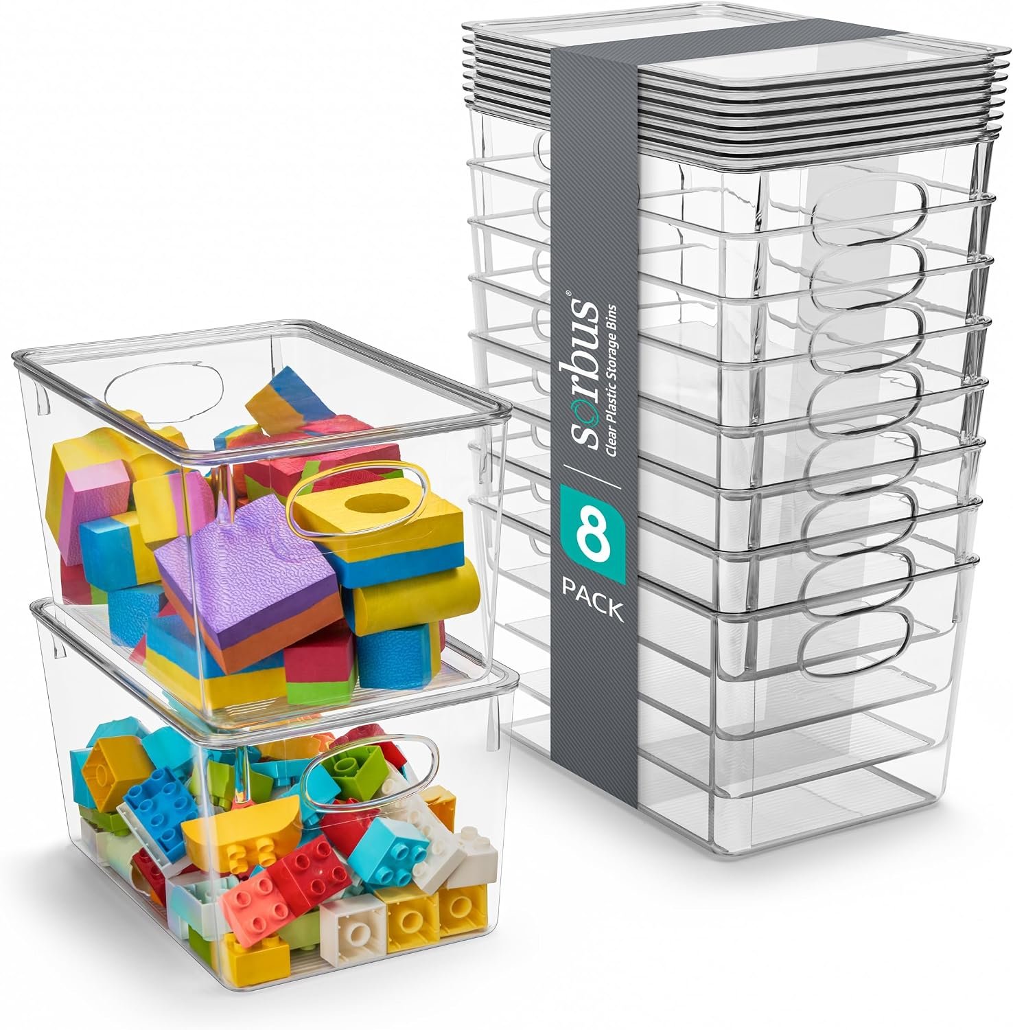 Sorbus Large Clear Plastic Bins with Lids – Stackable Organizer for Toys, Clothes, Medicine, Makeup, Closet, Art Supplies, Bathroom, Shoes – 8 Pack