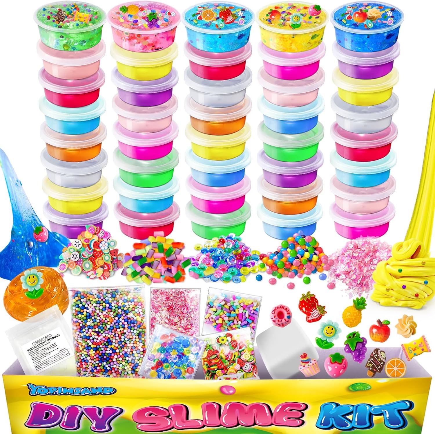 40 Cups DIY Slime Kit, Slime Making Kit for Girls, Premade Clear Slime | Glow in The Dark Slime with Add-ins, Foam Balls, Charms, Party Favors Gift Toys for Kids 3-12