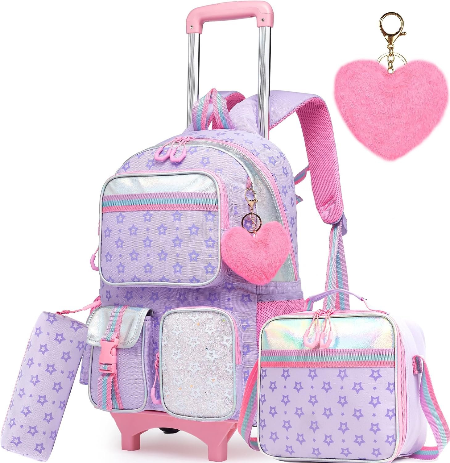 Meetbelify Girls Rolling Backpack with Wheels – Cute Kawaii Carry On Backpack for Elementary Students – Purple