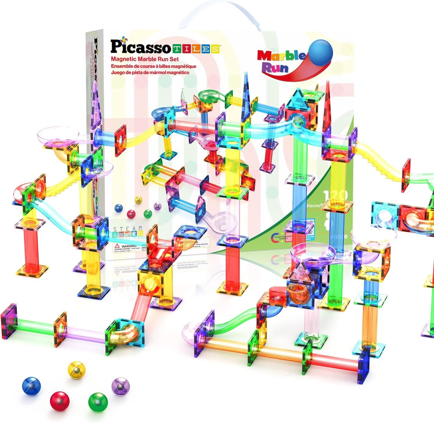 PicassoTiles 120 PCS Magnetic Tile Marble Run STEM Construction Set Ages 3+ | 10 dynamic shapes, translucent track parts, funnels & slopes, steel-weighted balls, BPA-free ABS, coordination & spatial play