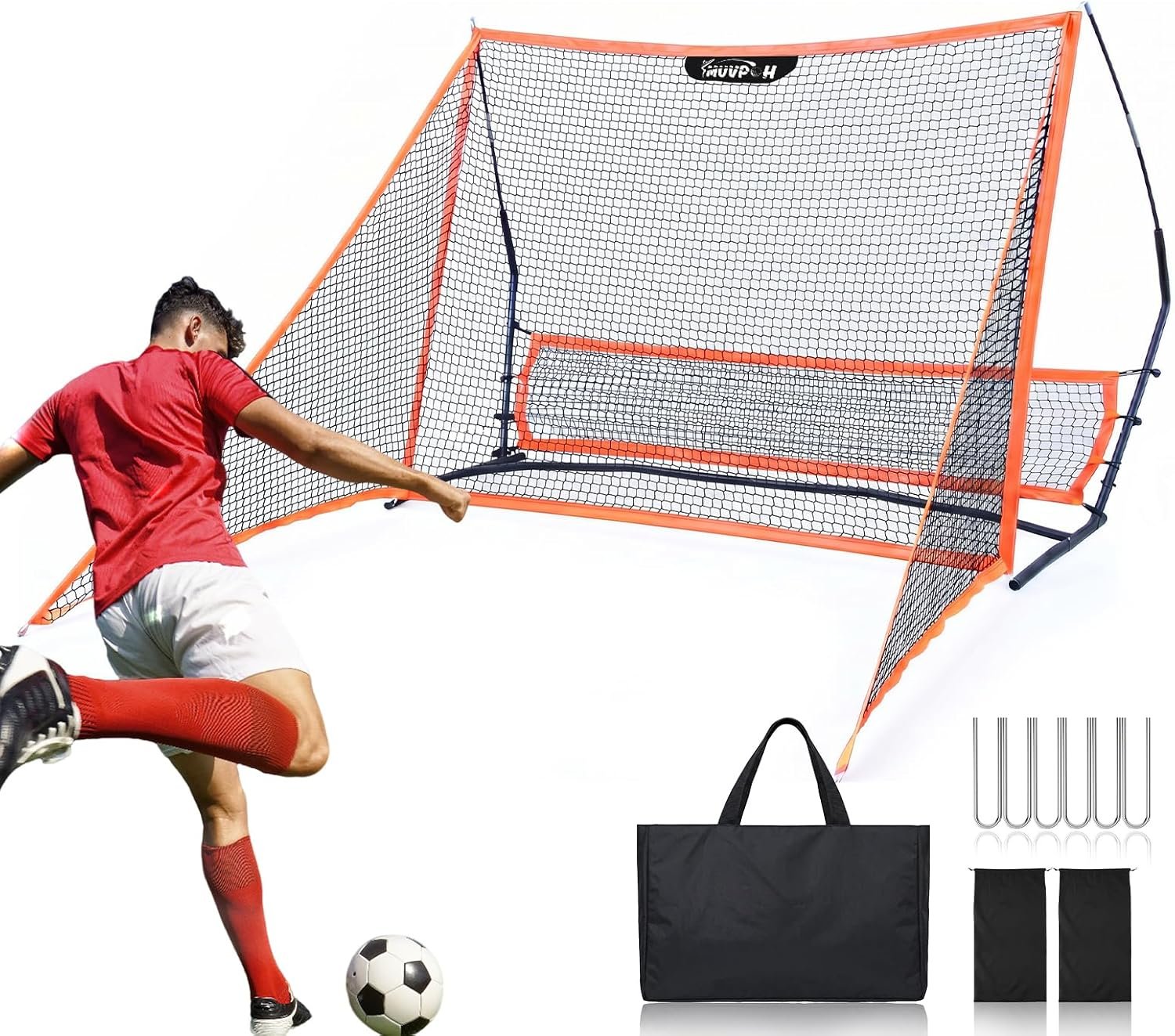 Soccer Rebounder, 2-in-1 Rebounder Soccer with Safety Backstop Net，for Solo Passing, Receiving & Trapping Practice，Soccer Rebounder Board for Kids & Adult，Includes Carry Bag,Stakes& Sandbags