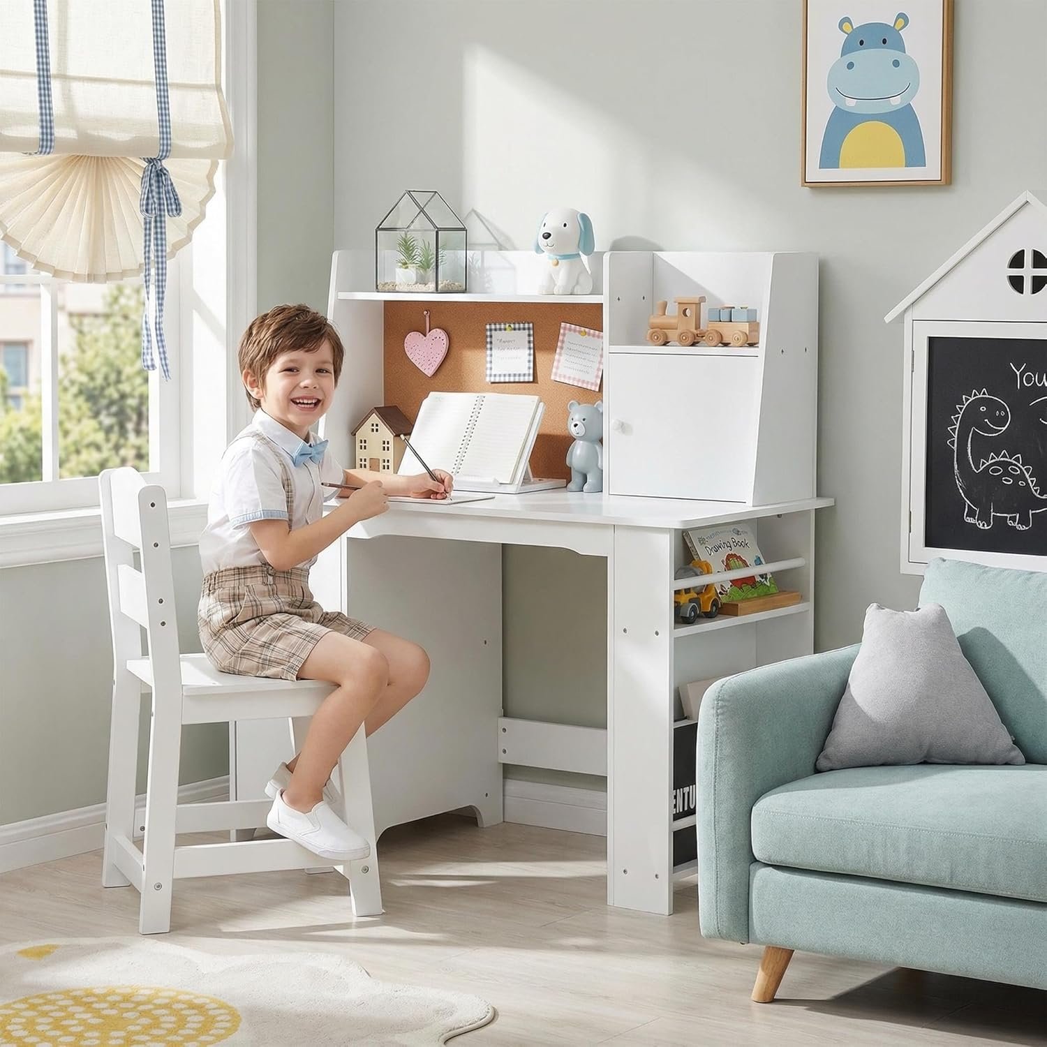 GarveeHome Kids Desk and Chair Set with Storage Shelf, White | Wooden Study Table Bulletin Board, Children School Learning Desk Set, Writing Table for Boys and Girls