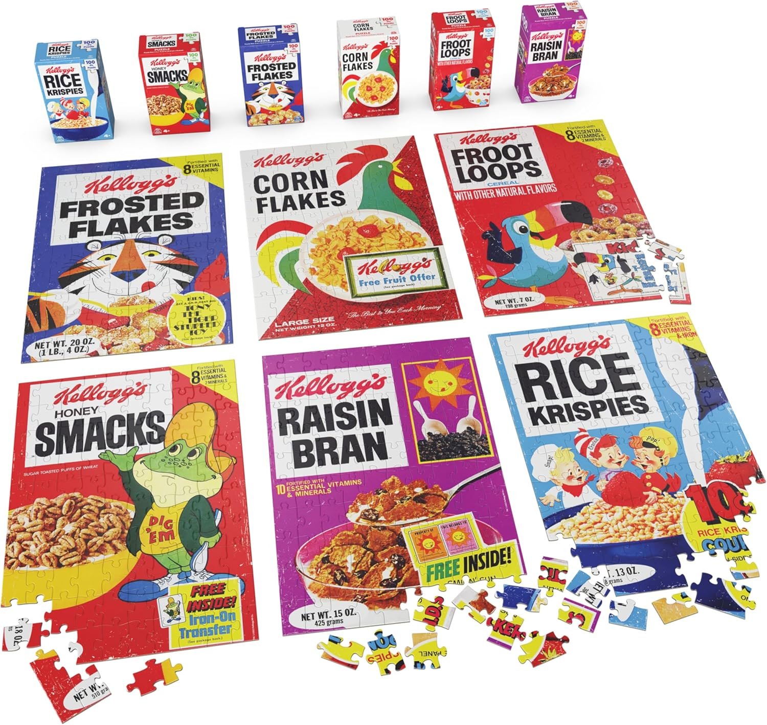 Spin Master Games, Kellogg’s Cereal 100-Piece Puzzles 6-Pack, Square Cereal Boxes Puzzle Gift Set, Froot Loops, Rice Krispies, Raisin Bran, Corn Flakes, Frosted Flakes, Honey Smacks for Ages 4 & Up