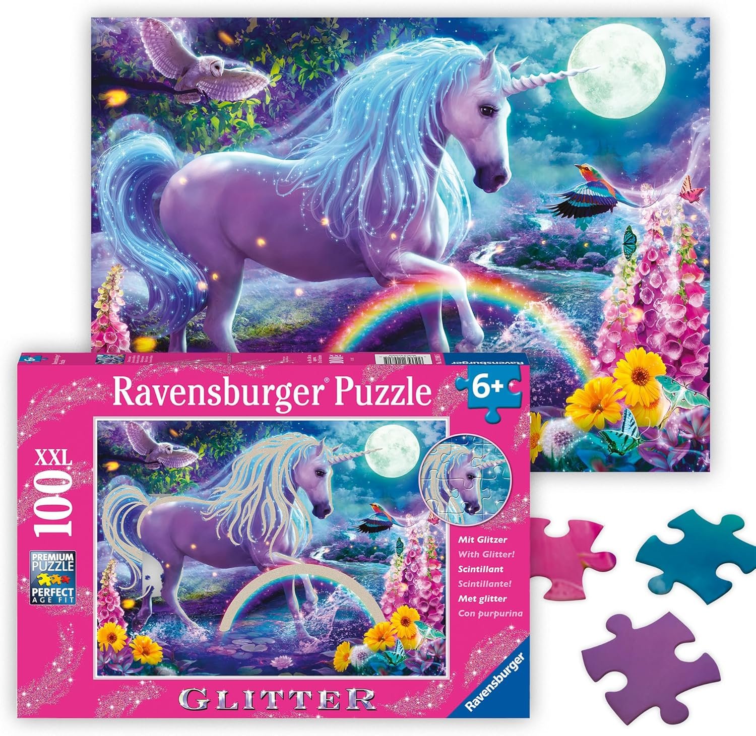 Ravensburger – Glitter Unicorn – 100 Piece Jigsaw Puzzle – Exciting, Colorful Scene of a Glittery, Magical Unicorn – Birds & More – Premium Quality – Ideal Gift – Screen-Free Fun – Children Age 6+