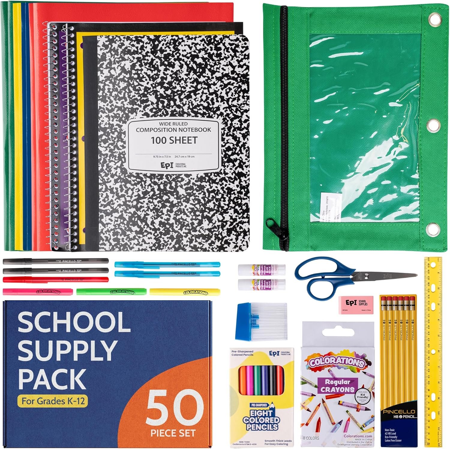 EPI Essentials Back to School Supplies for Kids – 50 Items in Kit – Kindergarten to 12th Grade School Supply Packs – Wide-Ruled Bundle with Composition Notebooks – Suitable for Homeschooling