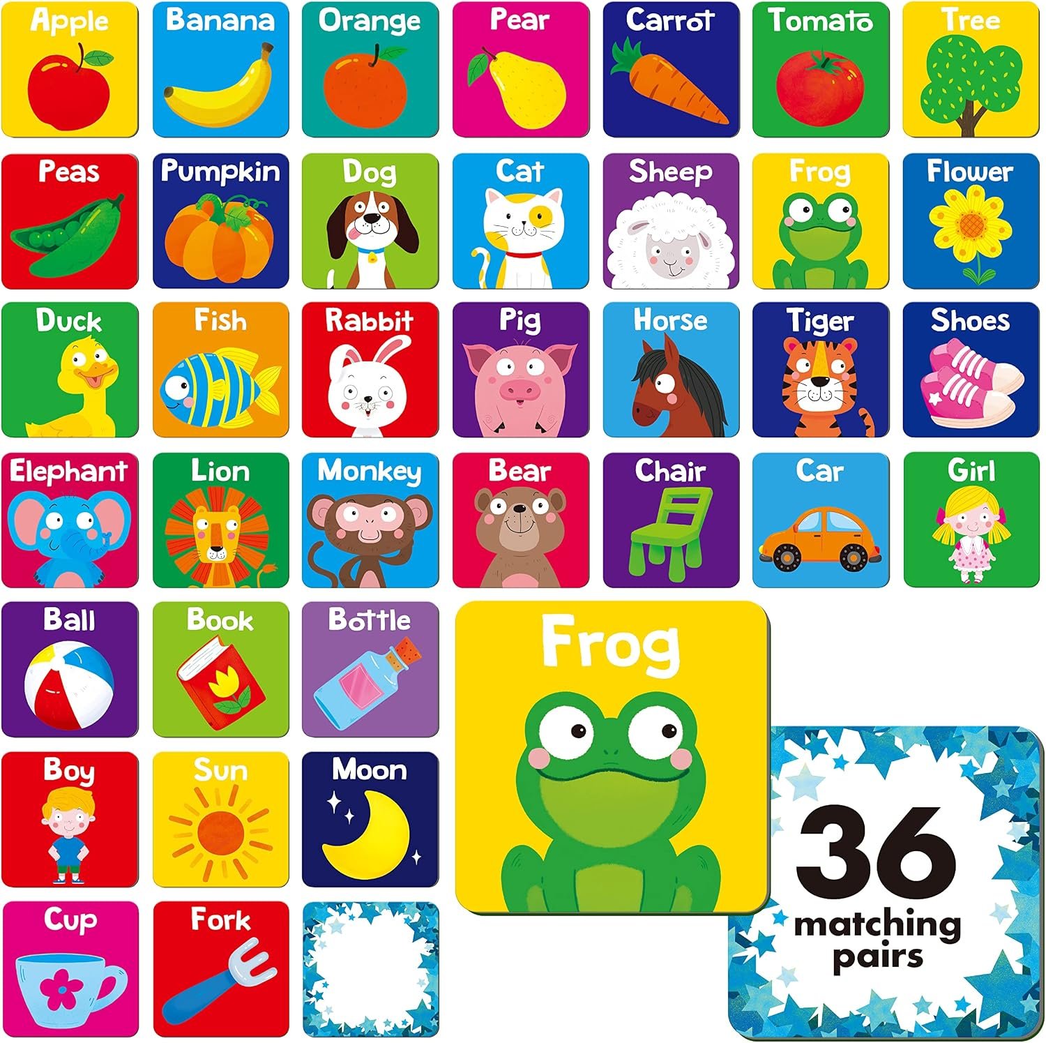 Memory Matching Game, 72 PCS First Words Matching Cards for Toddlers 36 Pairs Memory Cards Educational Toys for Preschool 4 5 6 Years Old