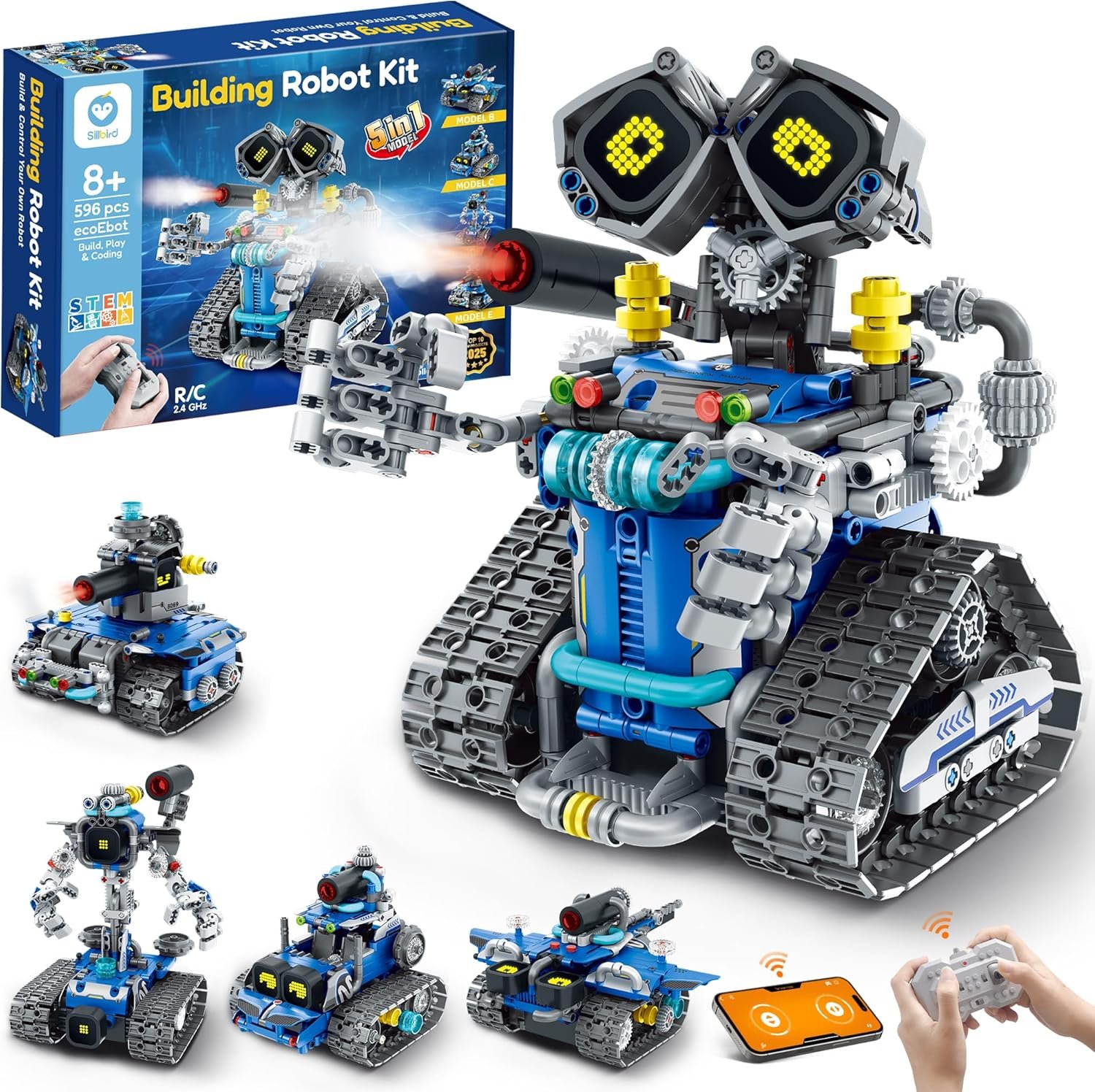 Sillbird STEM Robot Building Kit with Remote Control Gifts for Boys 8-14 | Coding Robotic Toy, Birthday Presents for Kids Ages 8+, App-Controlled, Buildable 5in1 Models, LED Eyes, 596 Pieces